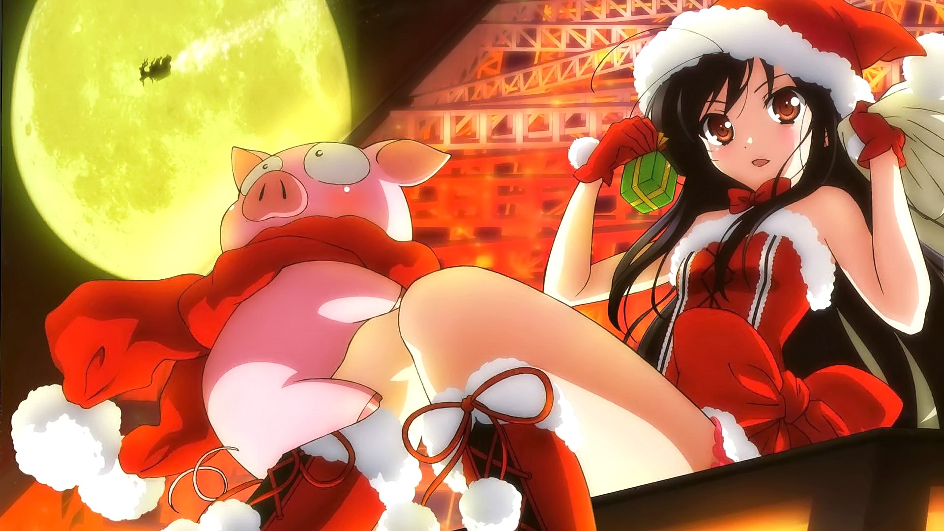 Anime 1920x1080 anime anime girls Accel World Kuroyukihime Christmas pigs Moon thighs black hair Santa hats Santa costume long hair