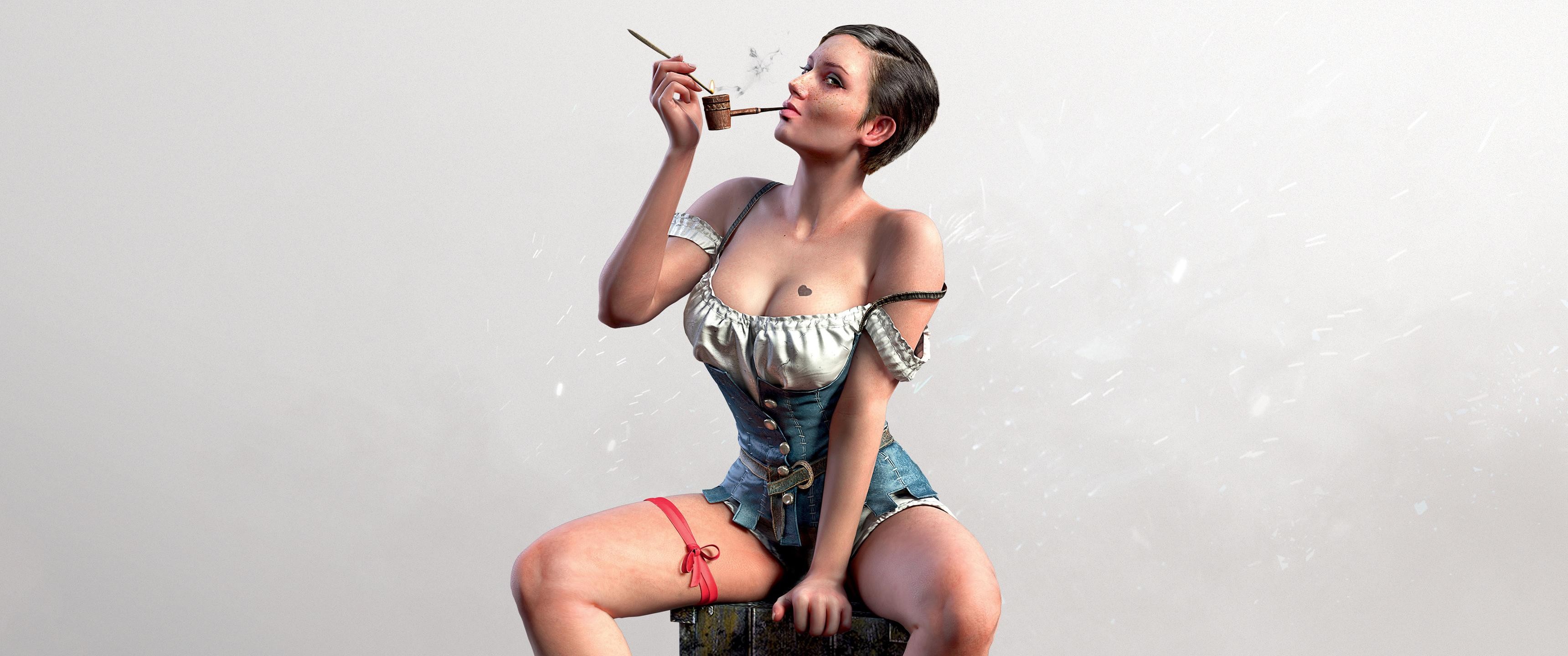 General 3440x1440 women brunette short hair cleavage tattoo freckles The Witcher 3: Wild Hunt sitting smoking fantasy art fantasy girl Heart (Tattoo) video game girls simple background RPG video games PC gaming spread legs inked girls