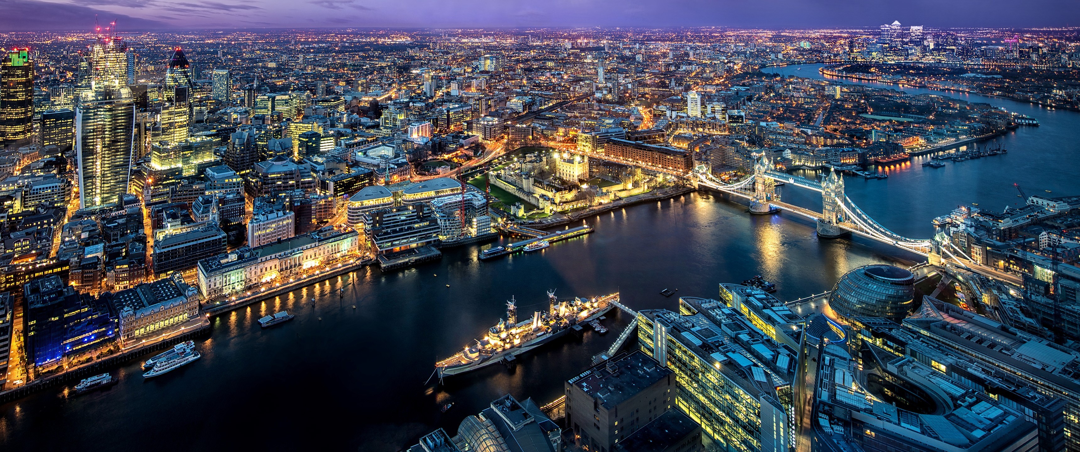 General 3440x1440 London England city lights cityscape River Thames dusk UK river warship Tower Bridge