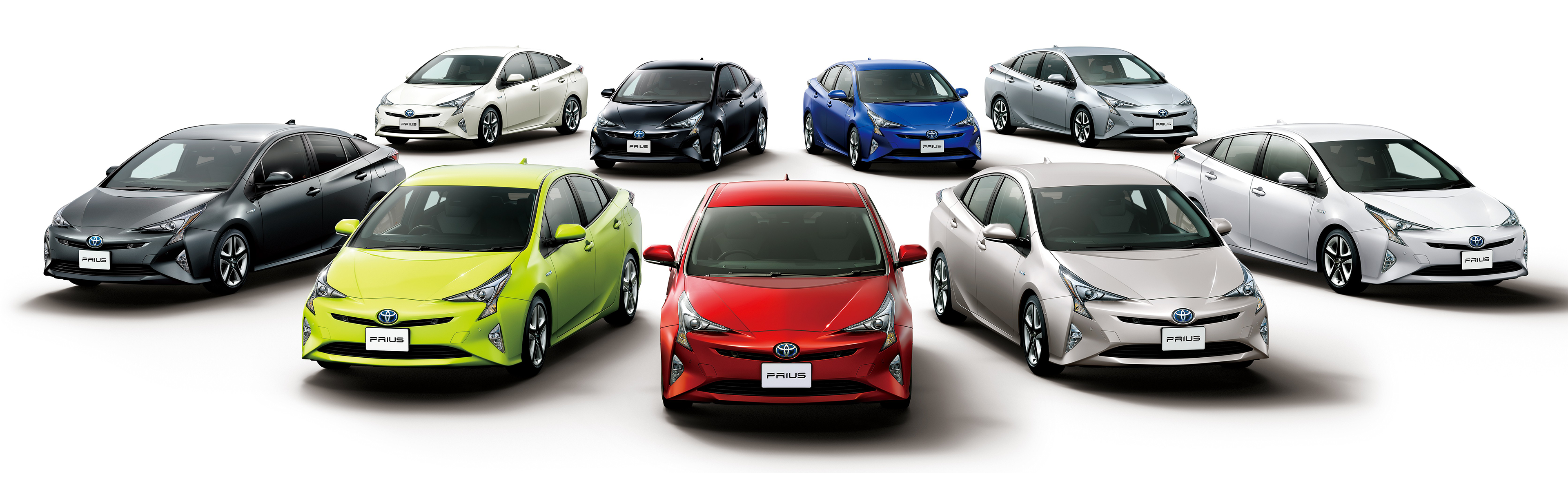 General 3840x1200 Toyota Prius car vehicle electric car dual monitors multiple display simple background red cars yellow cars silver cars blue cars black cars white cars white background