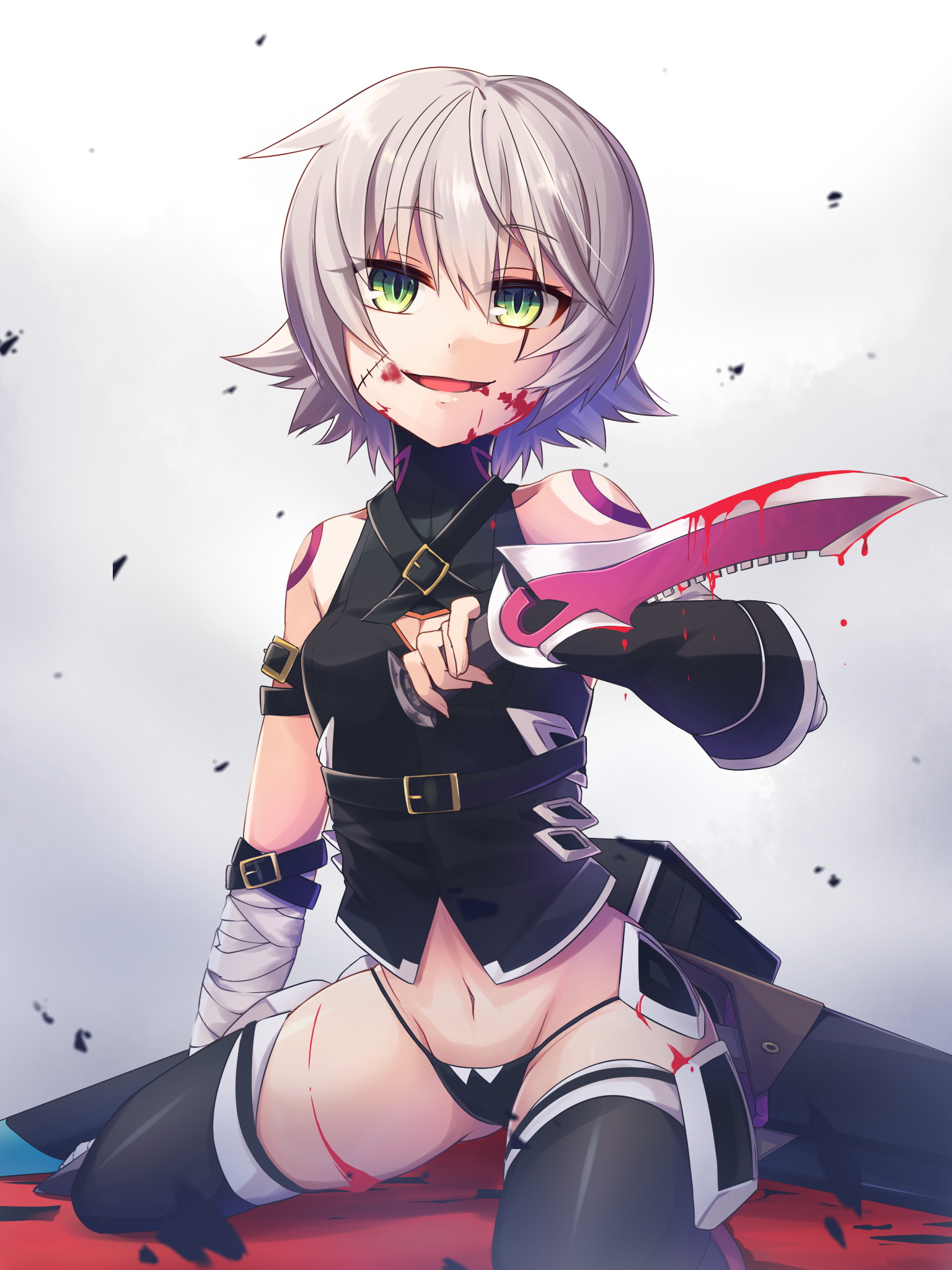 Anime 1536x2048 anime anime girls short hair white hair scars stockings panties bandaged arm small boobs knife blood smiling blushing bare shoulders Jack the Ripper (Fate/Apocrypha)