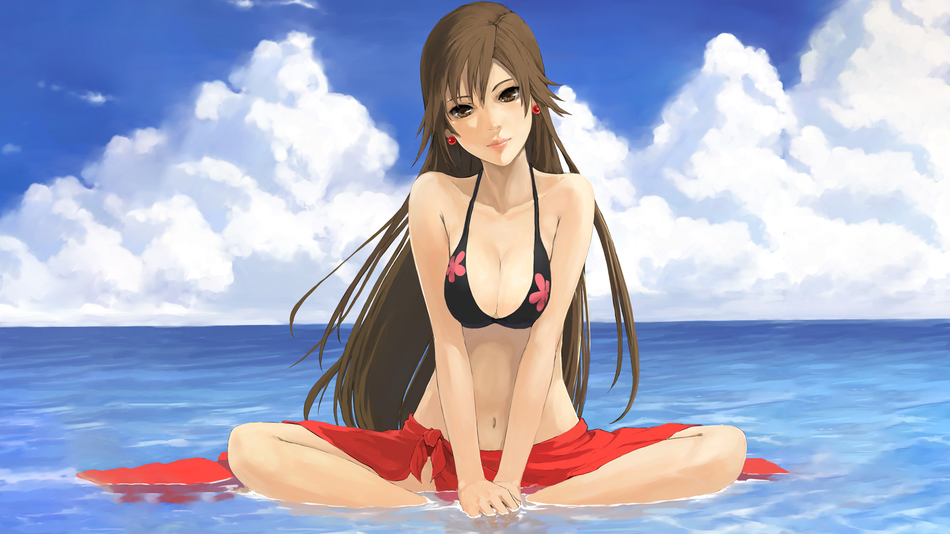 Anime 1920x1080 Aria Akira E. Ferrari anime girls anime brunette boobs long hair water clouds frontal view bikini