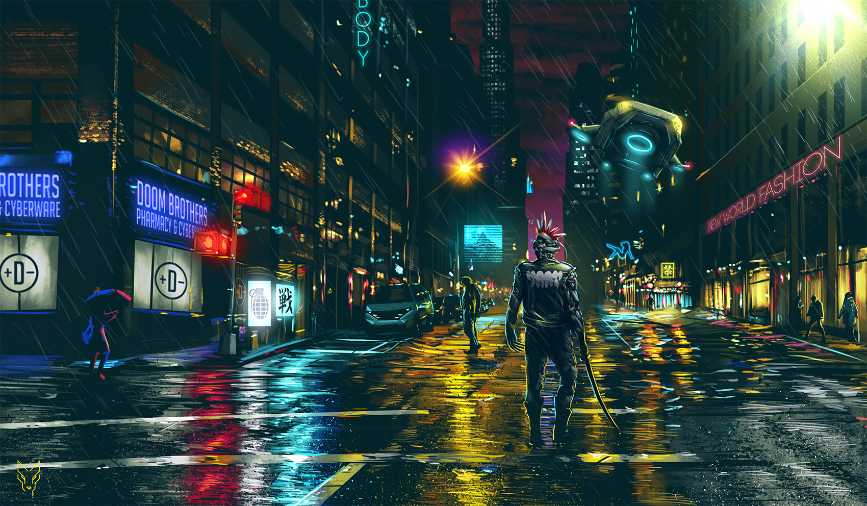 General 1700x992 cityscape cyberpunk futuristic science fiction night artwork futuristic city sword urban street rain digital art