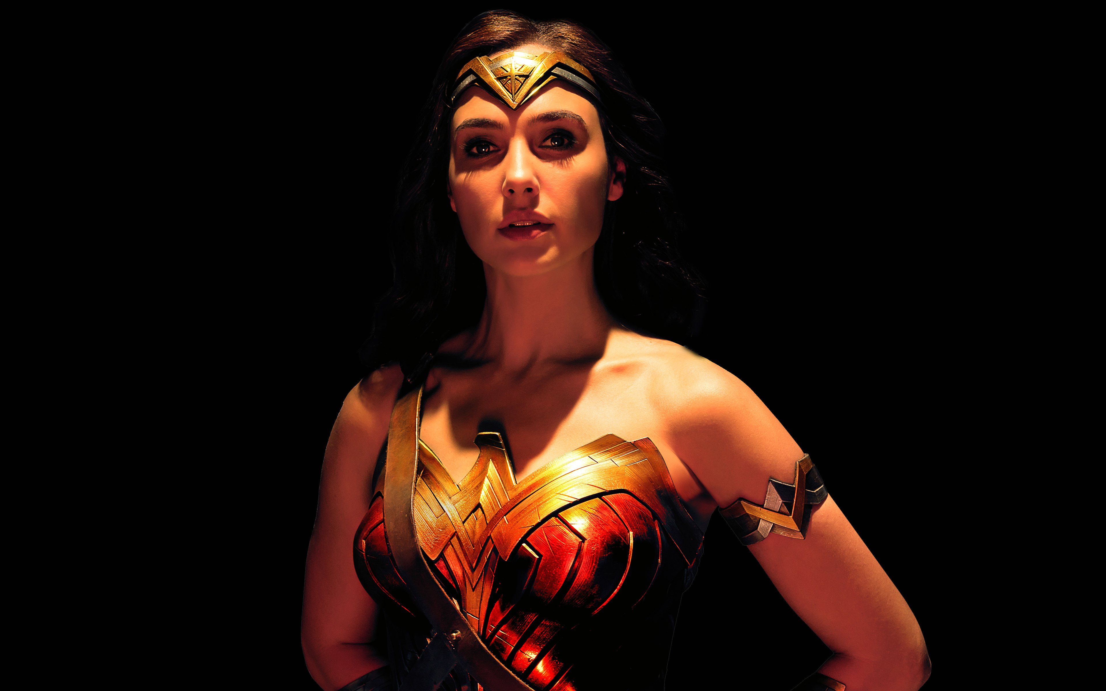 People 3840x2400 Wonder Woman Gal Gadot women actress superheroines DC Extended Universe movies face fantasy girl portrait brunette black background simple background model Israeli