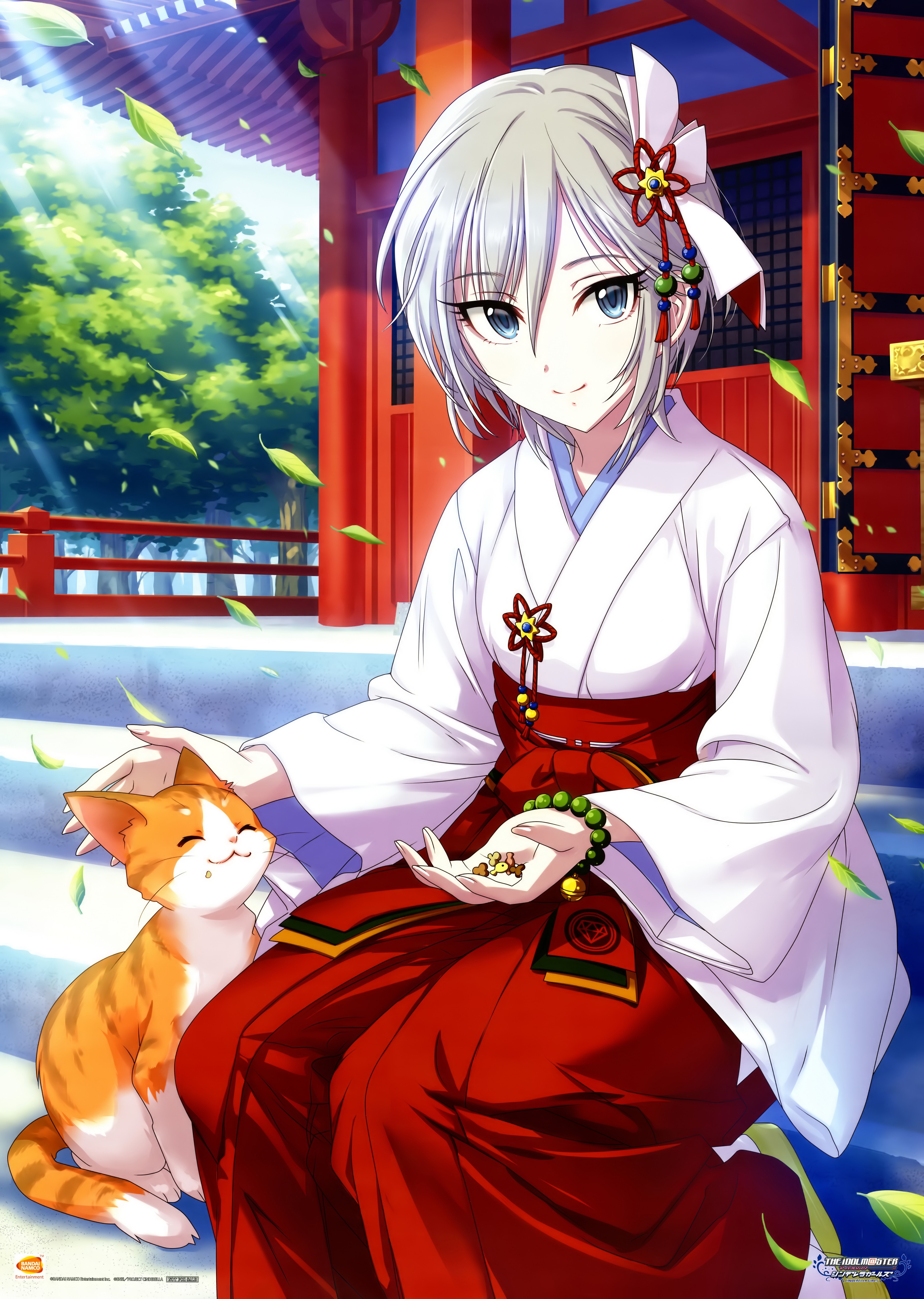 Anime 3640x5115 miko cats white hair kittens Japanese clothes THE iDOLM@STER: Cinderella Girls Anastasia (Idolmaster) anime girls short hair silver hair blue eyes smiling