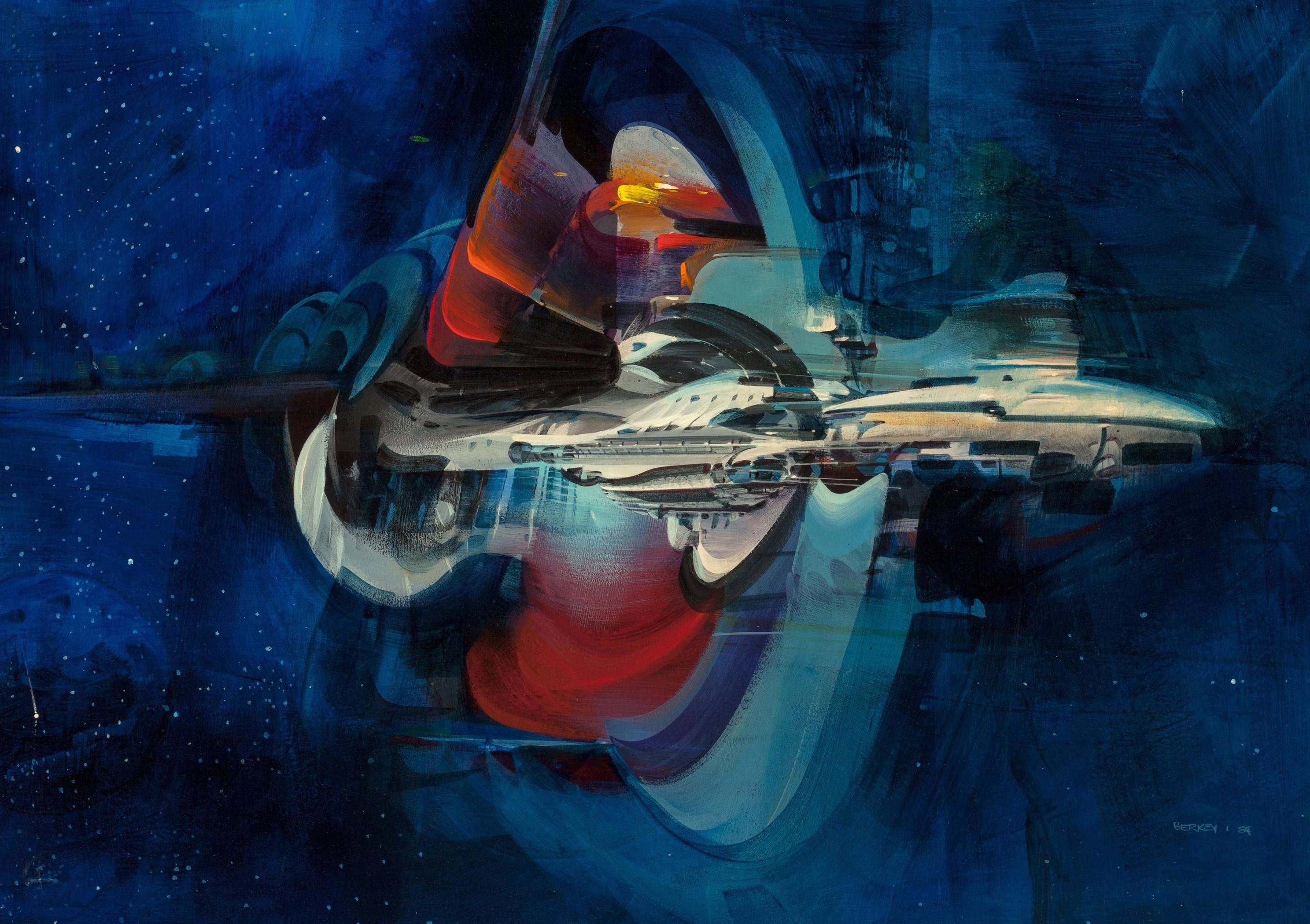 General 2975x2100 digital art spaceship space universe science fiction stars blue background painting artwork