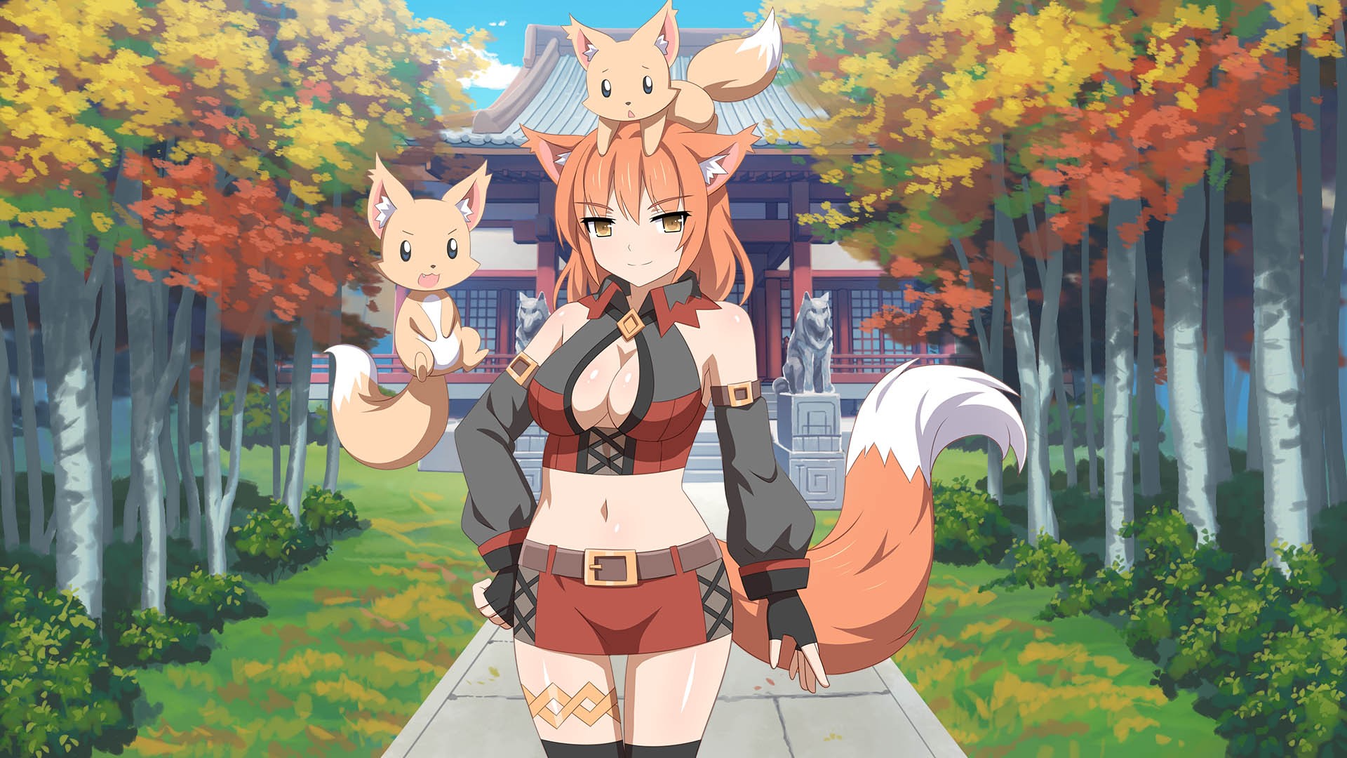 Anime 1920x1080 sakura dungeon fox girl thigh-highs tail cleavage