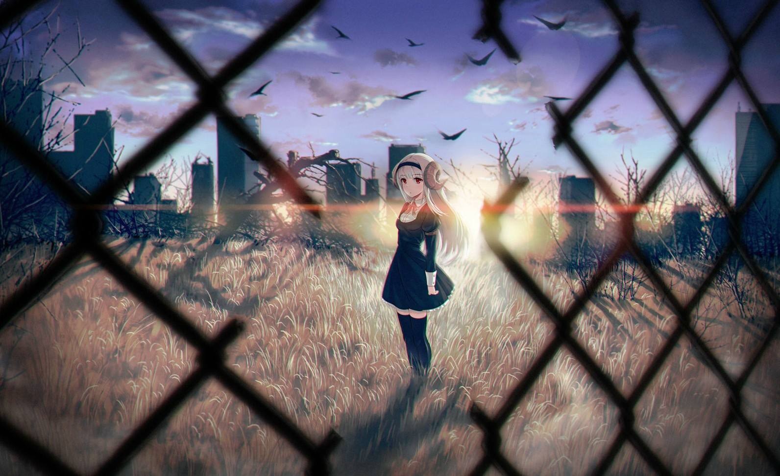Anime 1592x973 fence cityscape sky anime girls blonde