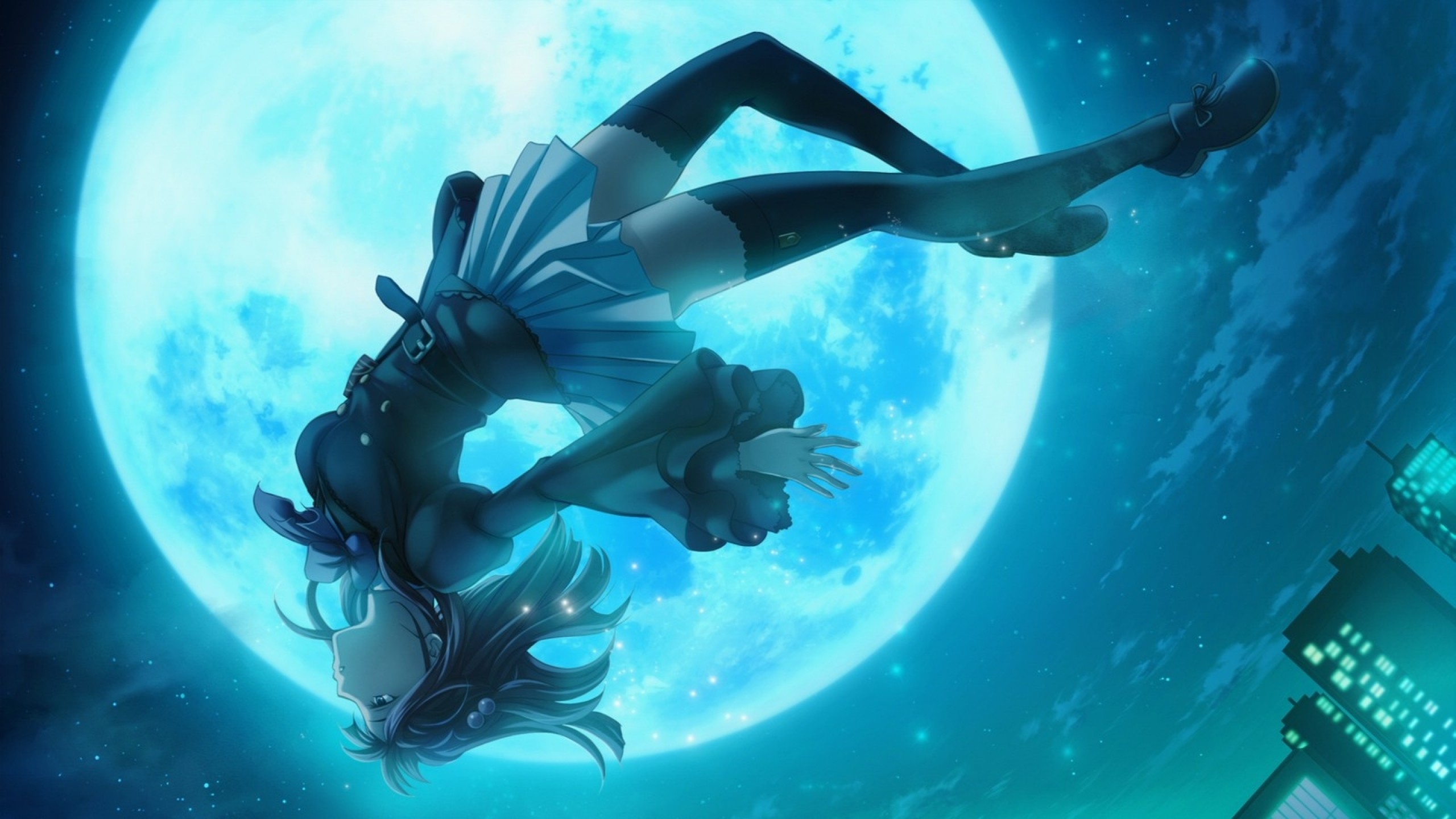 Anime 2560x1440 Moon cyan blue anime girls night artwork hair ornament zettai ryouiki anime legs stockings fantasy art fantasy girl women miniskirt thigh-highs Umineko no Naku Koro ni Ange Ushiromiya
