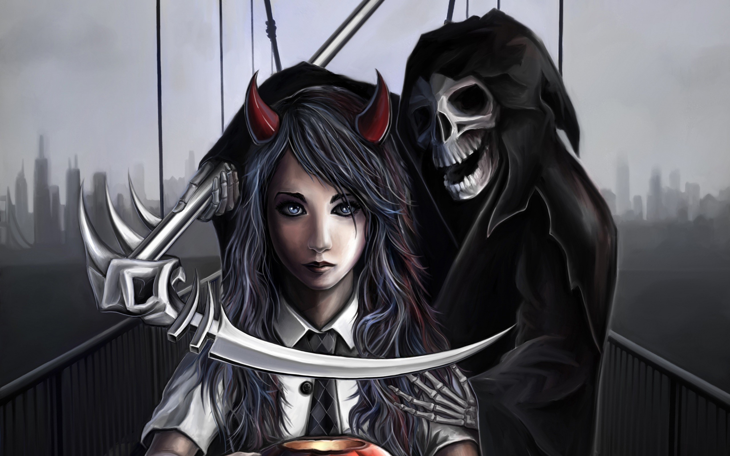 General 2560x1599 skull skeleton bones digital art Grim Reaper scythe horns women bridge devil death creepy