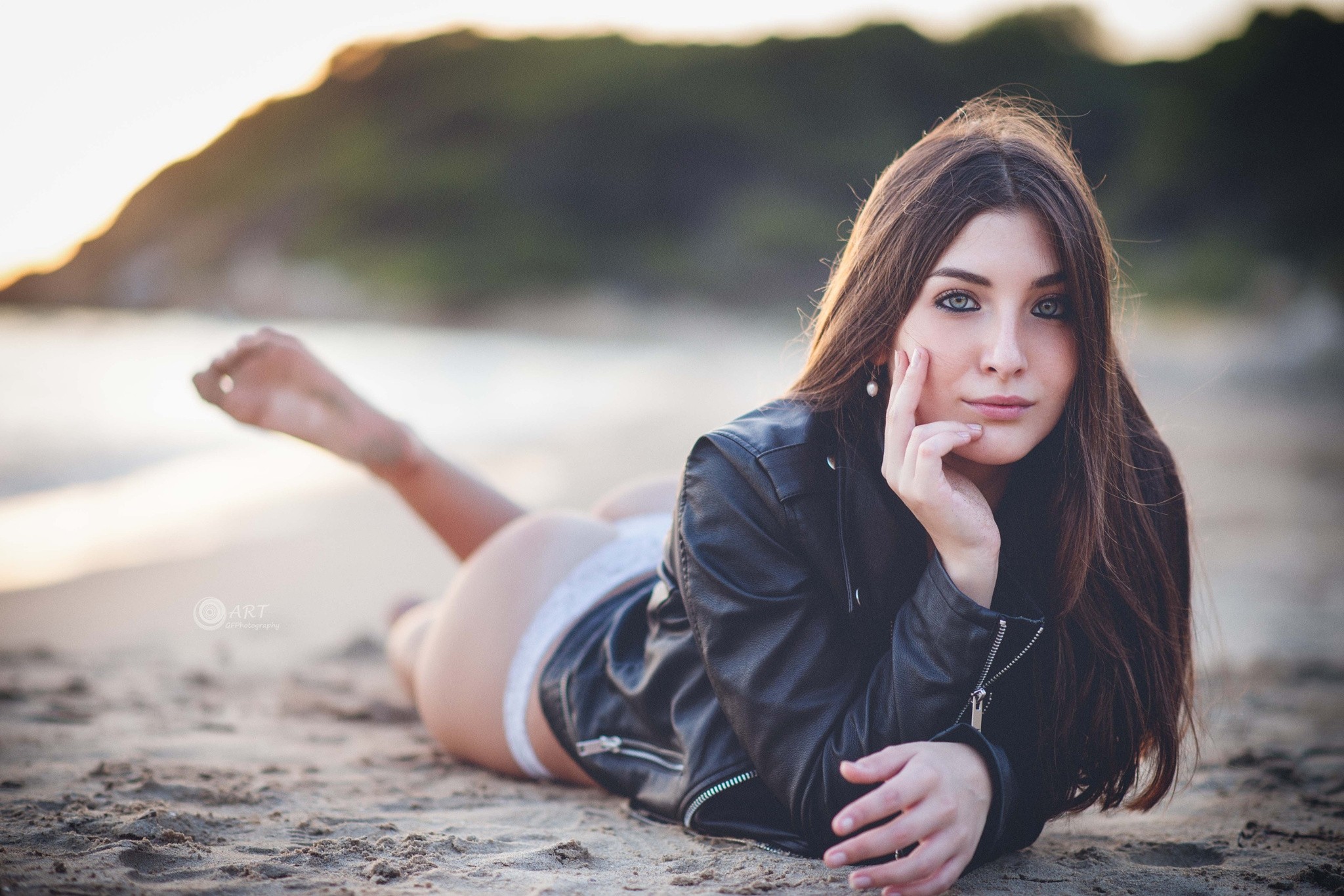 People 2048x1366 women ass depth of field leather jacket thong sand sea beach portrait panties pale lying on front legs up white panties barefoot brunette long hair Gregorio Fernández outdoors