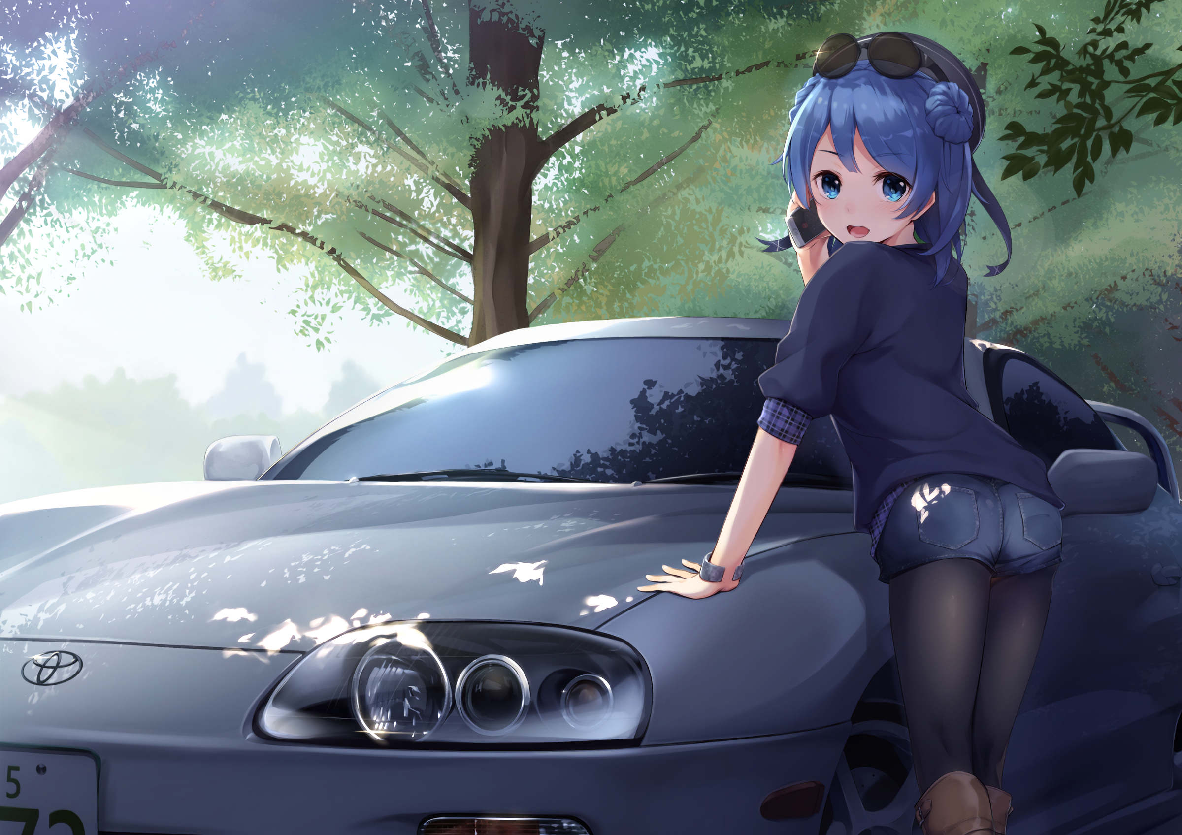Anime 2400x1696 anime anime girls ass blue eyes blue hair car Toyota phone shorts trees glasses short hair Toyota Supra A80 Toyota Supra smartphone women with cars