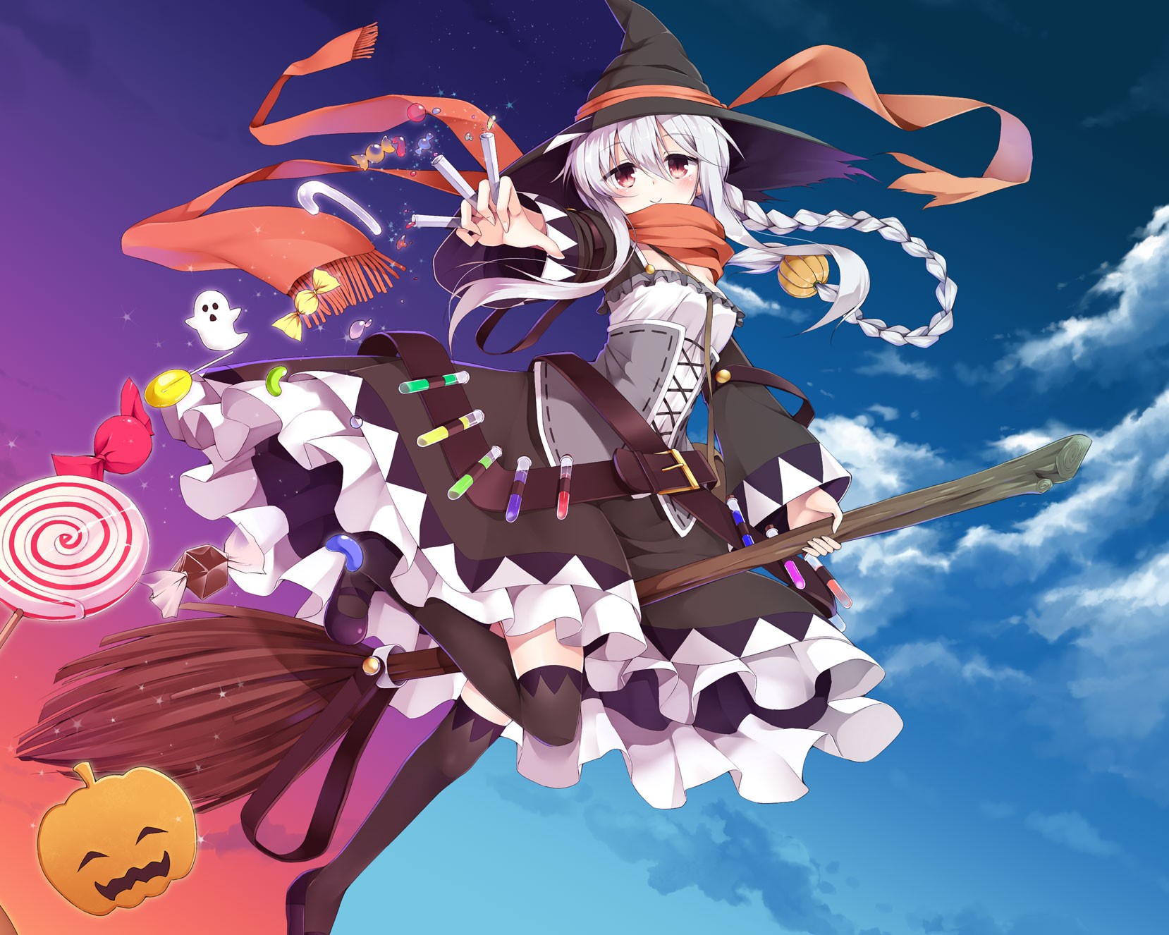 Anime 1658x1326 anime anime girls witch witch hat stockings white hair red eyes