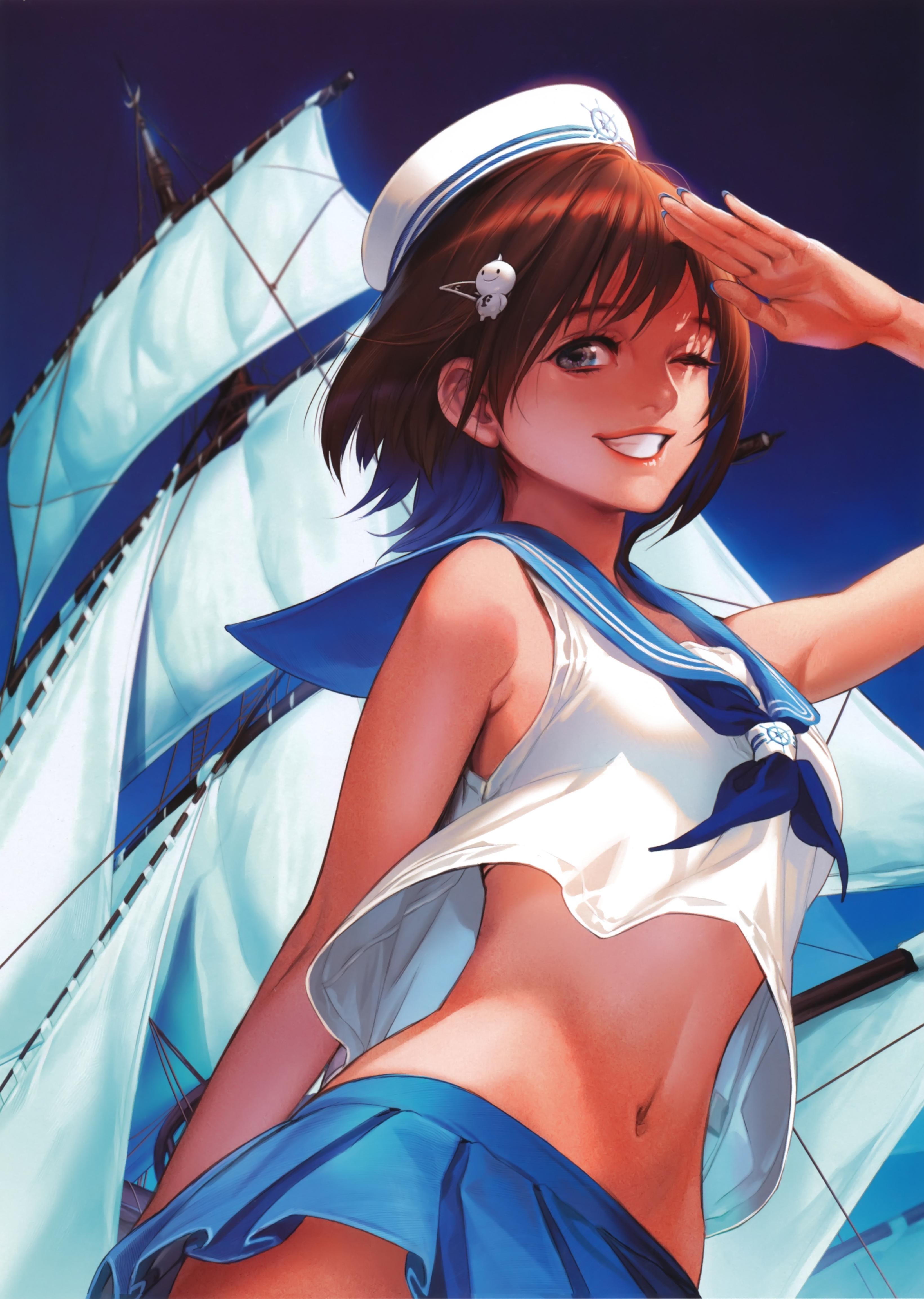 Anime 3283x4615 anime girls smiling wink sailor uniform low-angle belly short hair brunette Midori Foo