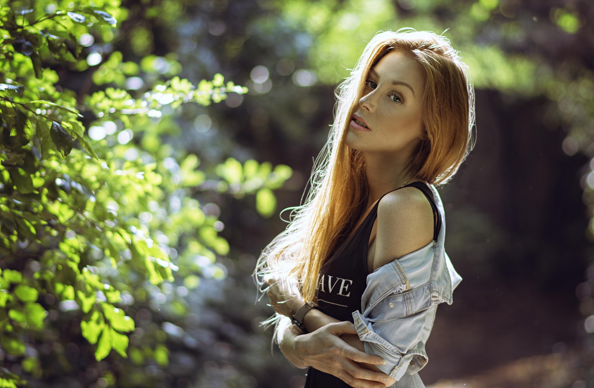 People 2048x1337 women redhead face blue eyes portrait women outdoors Katy Sendza outdoors long hair 500px model arms crossed plants pink lipstick