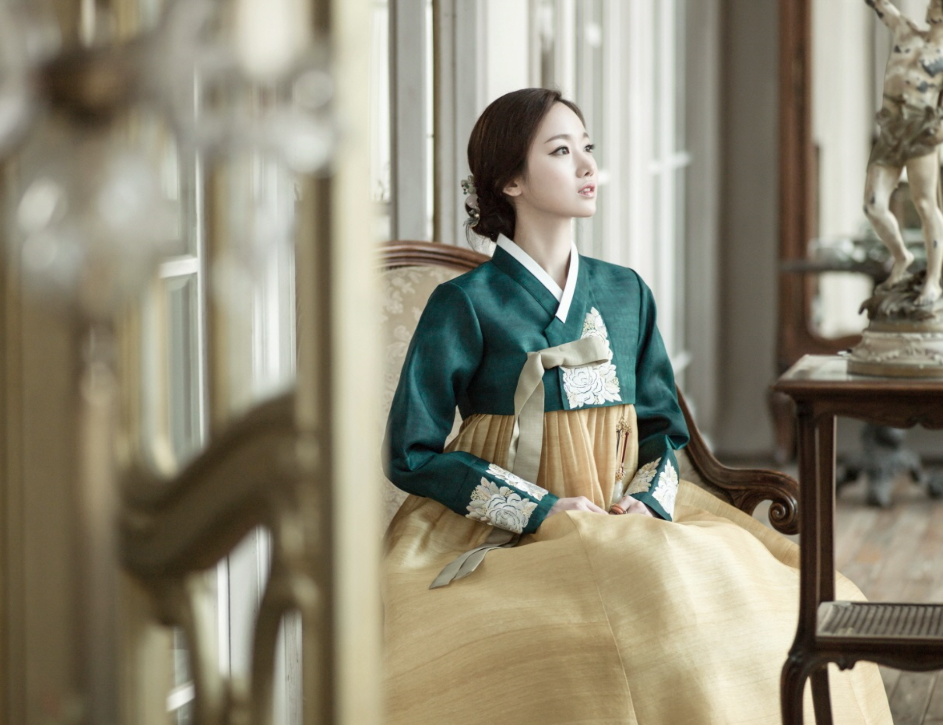 People 1920x1477 South Korea women Asian hanbok Korean women sitting brunette looking away women indoors indoors model