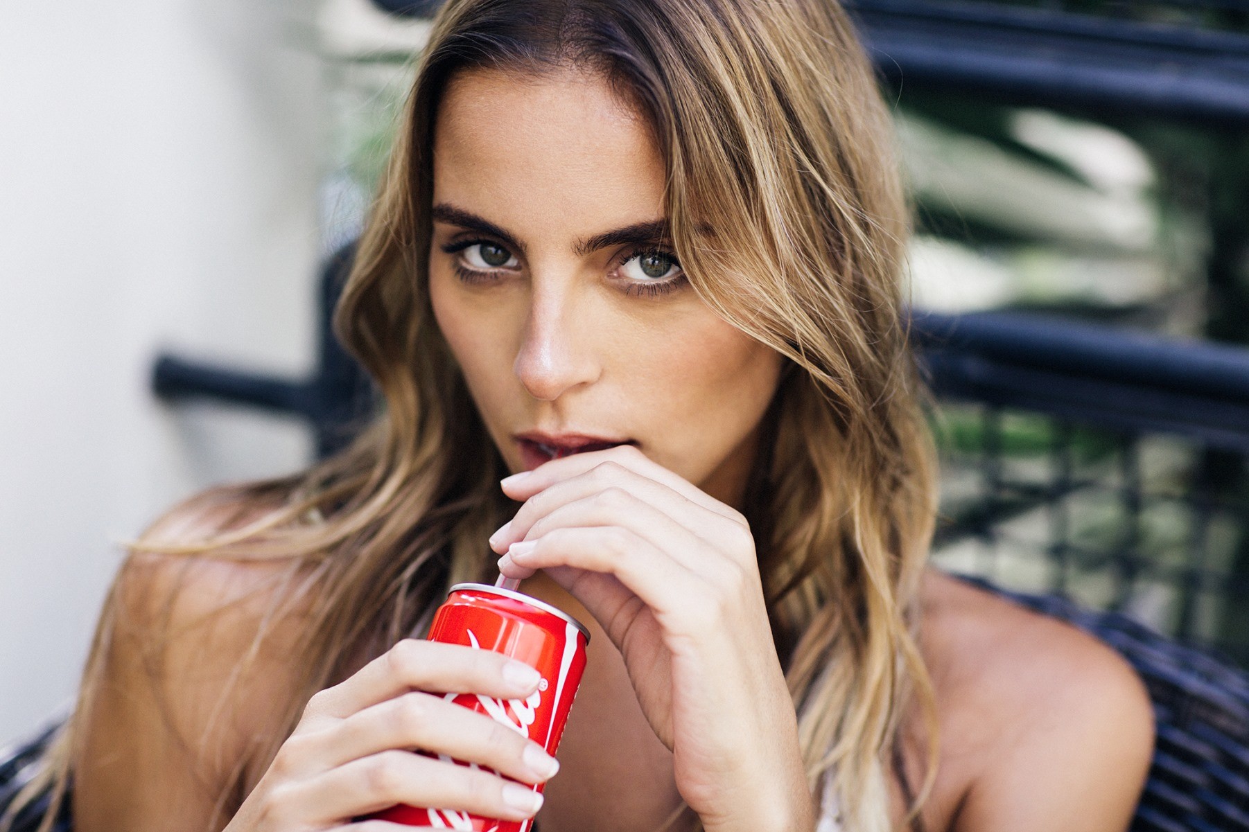 People 1802x1201 women model brunette drink straw looking at viewer face bare shoulders Coca-Cola can food closeup women outdoors balcony parted lips