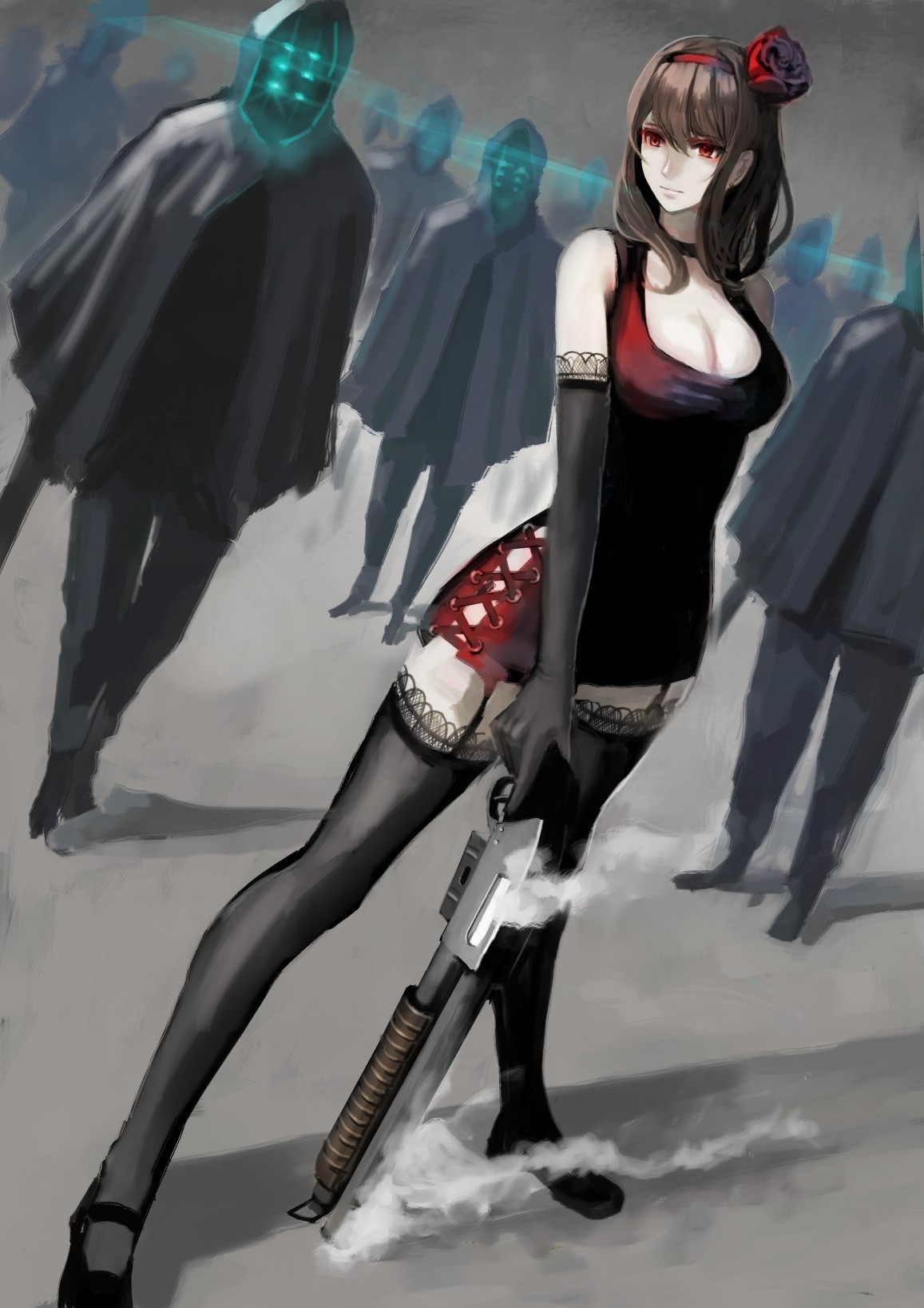 Anime 1157x1637 anime anime girls dress stockings open shirt long hair brunette red eyes shotgun weapon gun