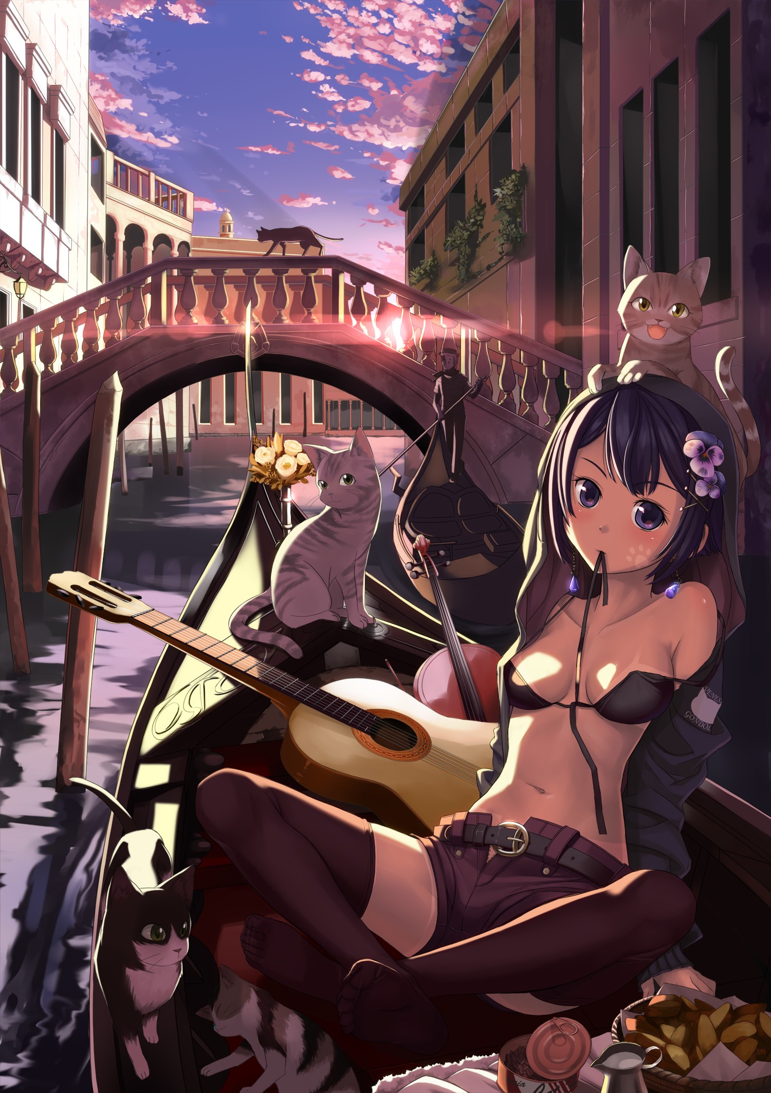 Anime 1500x2125 anime anime girls gondolas cats guitar open shirt bra stockings purple eyes short hair water