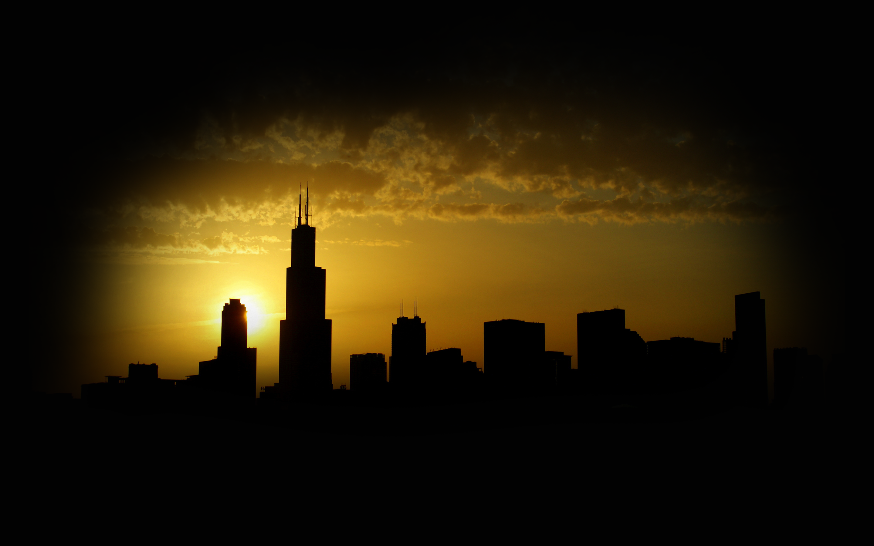 General 2880x1800 skyline silhouette dark Sun USA Chicago cityscape