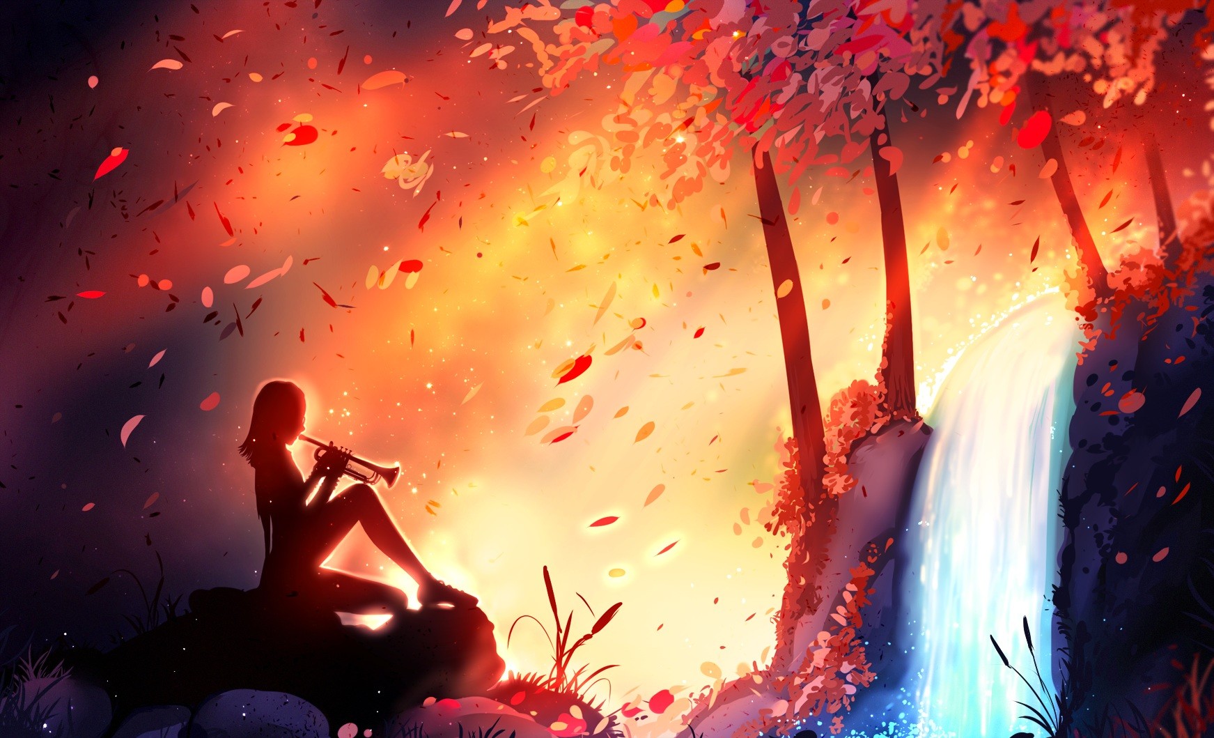 Anime 1743x1059 anime anime girls grass musical instrument leaves sunset trees water fall