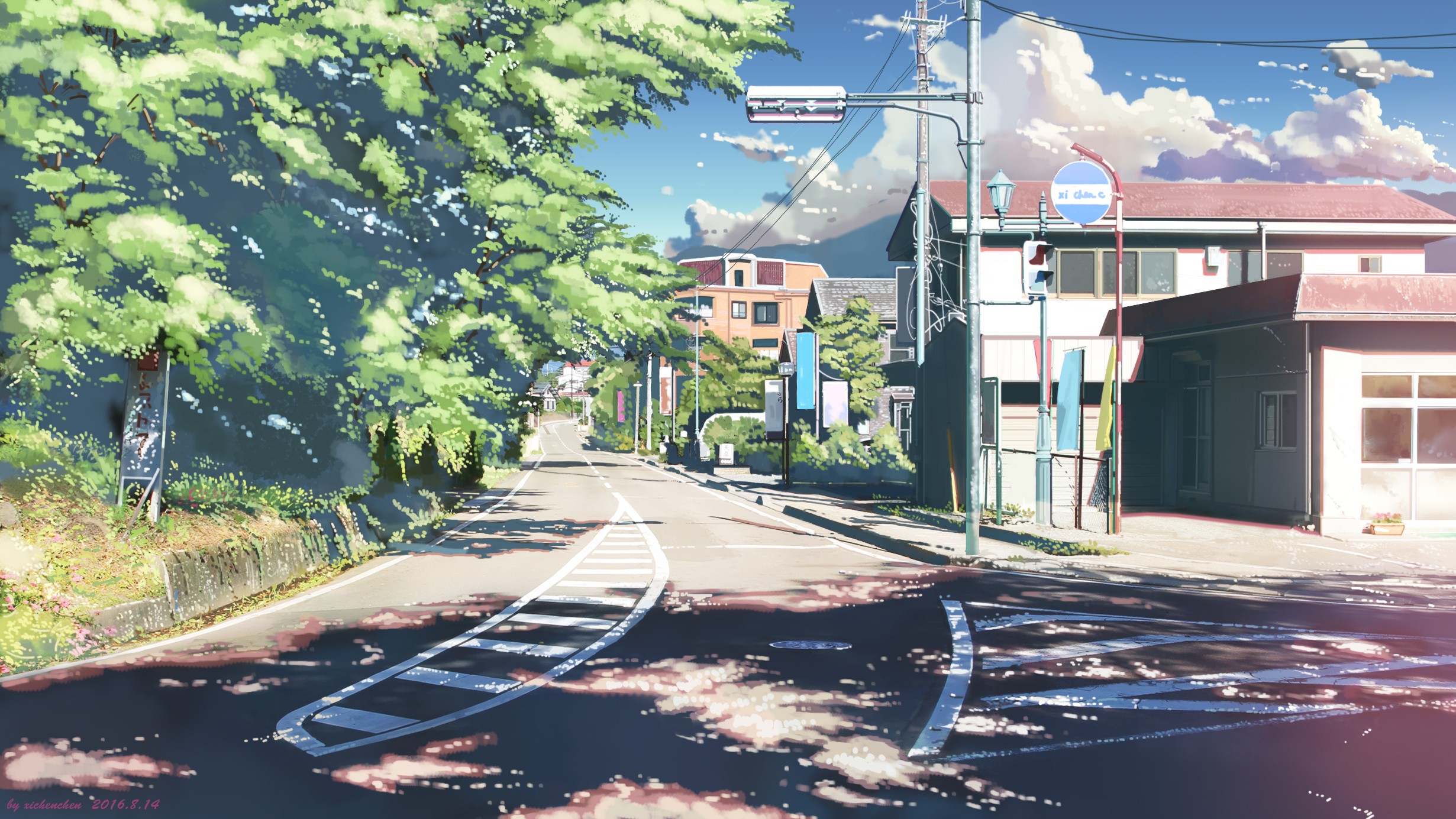 Anime 2461x1385 building clouds sunglasses trees watermarked anime street urban