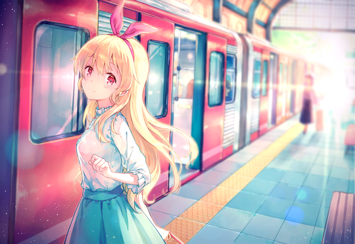 Anime 1200x825 anime girls train blonde red eyes long hair Hoshimiya Ichigo Aikatsu! artwork Hiten vehicle smiling train station looking at viewer
