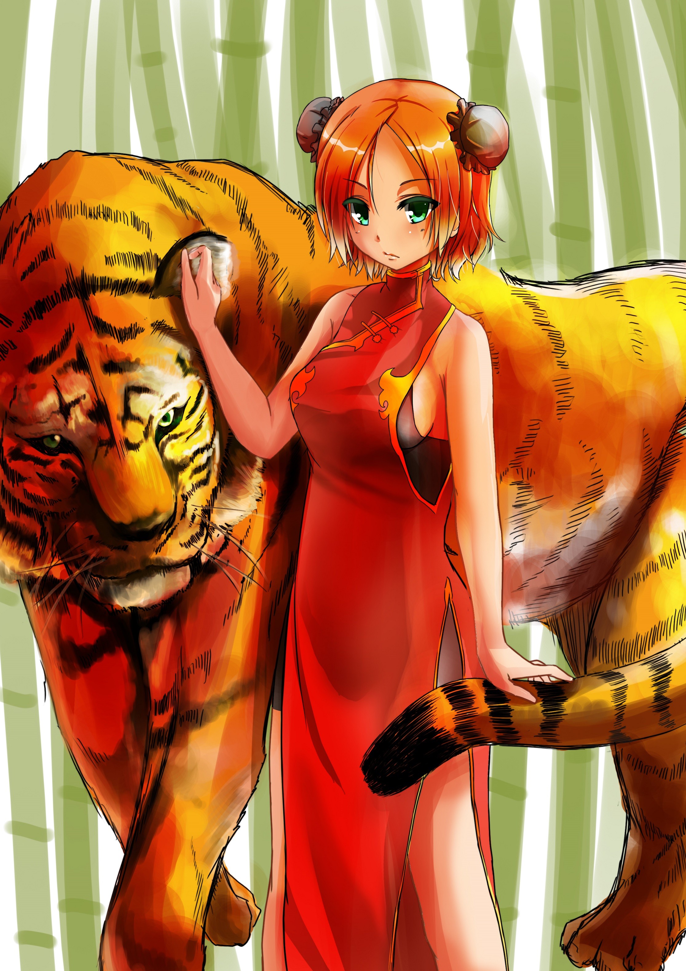 Anime 2232x3158 anime anime girls tiger short hair redhead green eyes chinese dress cheongsam red clothing animals mammals big cats Pixiv