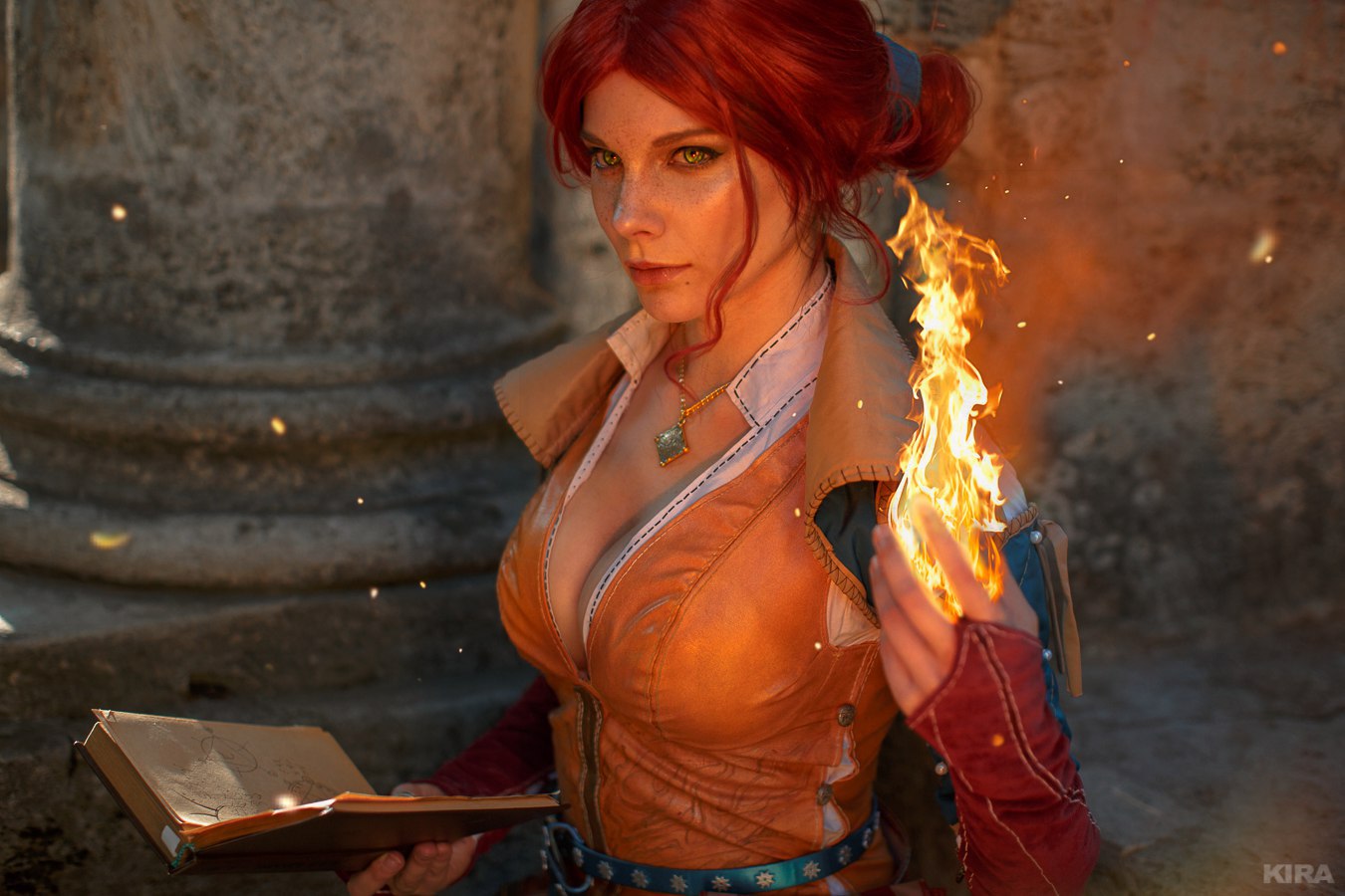 People 1350x900 cosplay video games women cleavage big boobs redhead Triss Merigold The Witcher The Witcher 3: Wild Hunt Gwent necklace fire sorceress