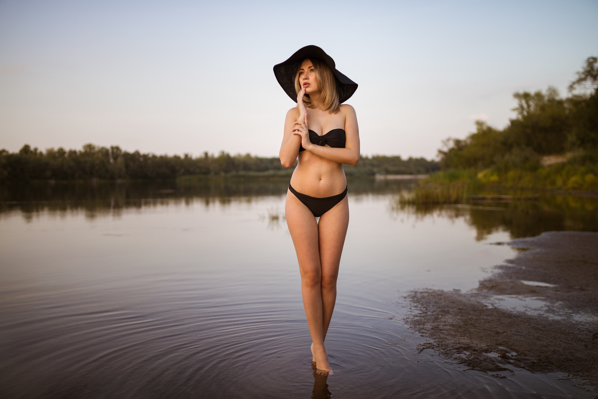 People 2048x1367 women belly black bikinis hat blonde river the gap looking away women outdoors brunette Andrej Filonenko Ukraine