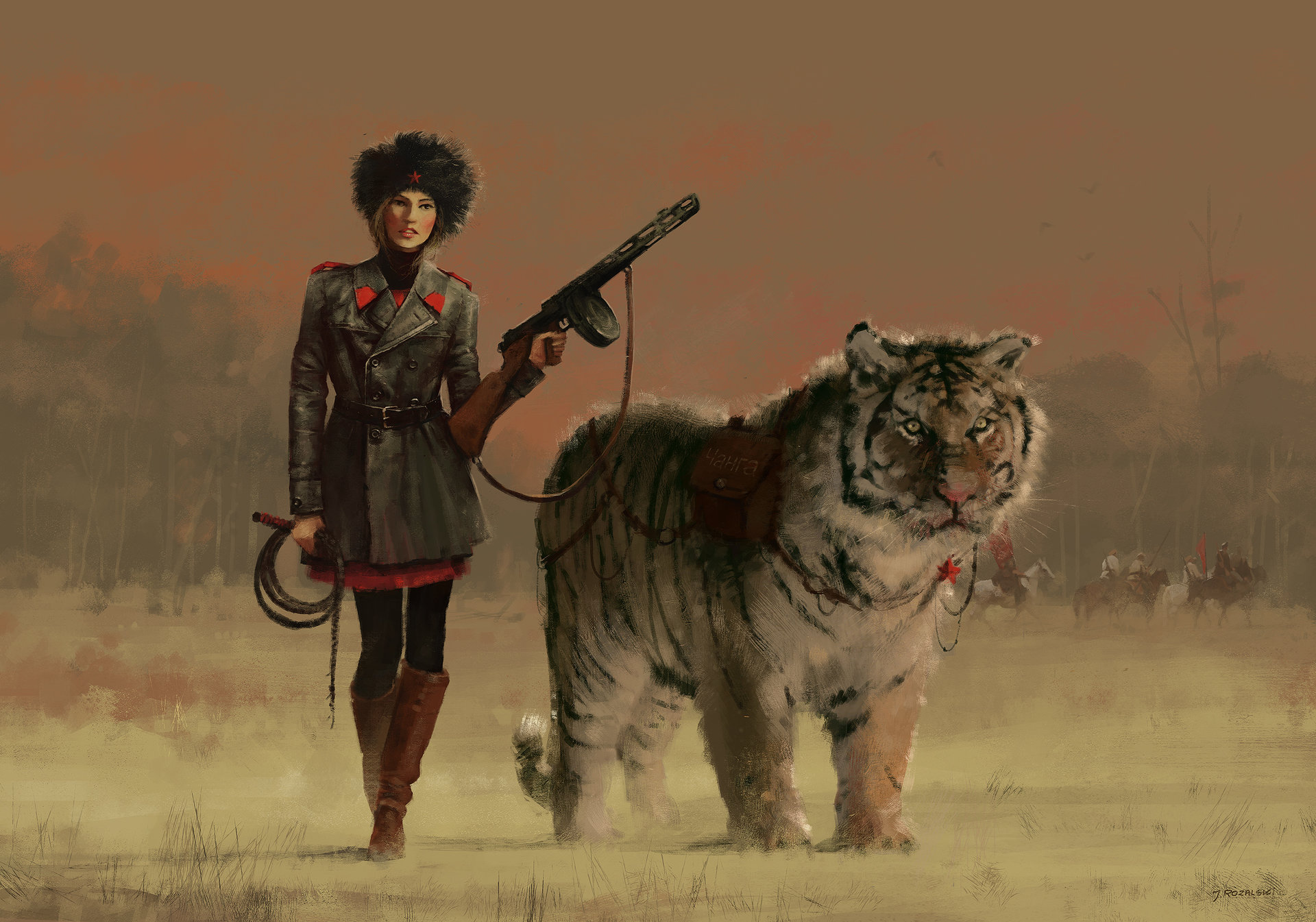 General 1920x1345 illustration Russian women tiger digital art PPSh-41 girls with guns board games Jakub Różalski