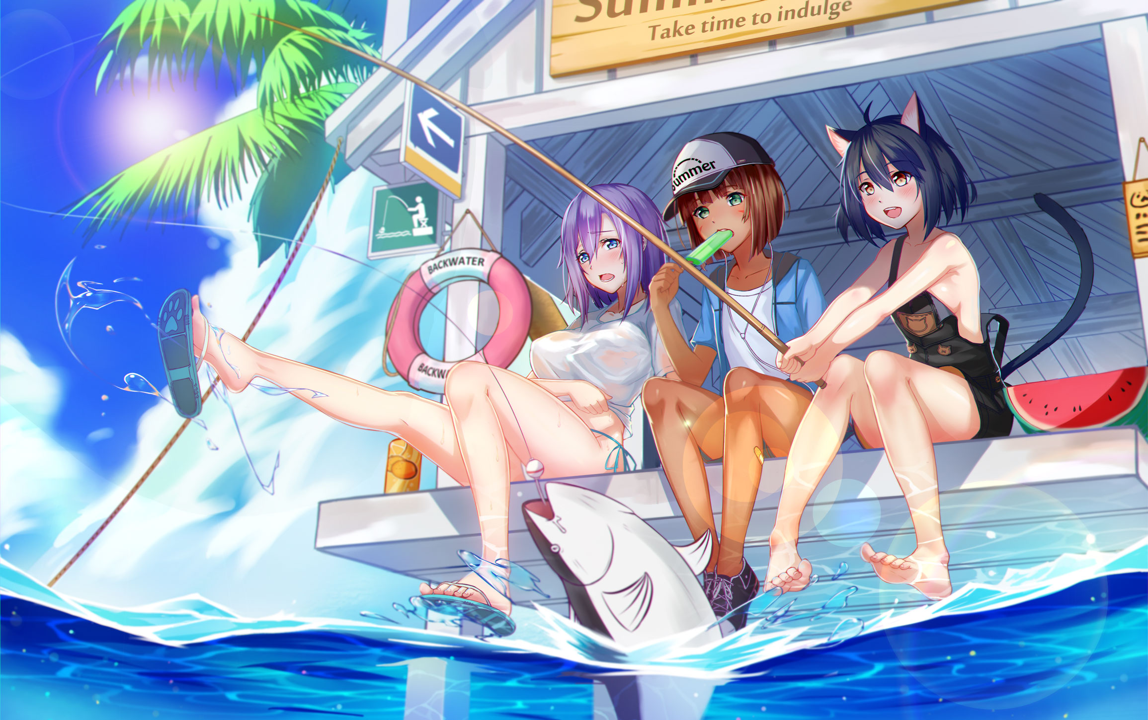 Anime 2310x1450 sky water tail fish wet clothing fishing rod ice cream short hair cat girl women trio watermelons group of women floater palm trees clouds sideboob