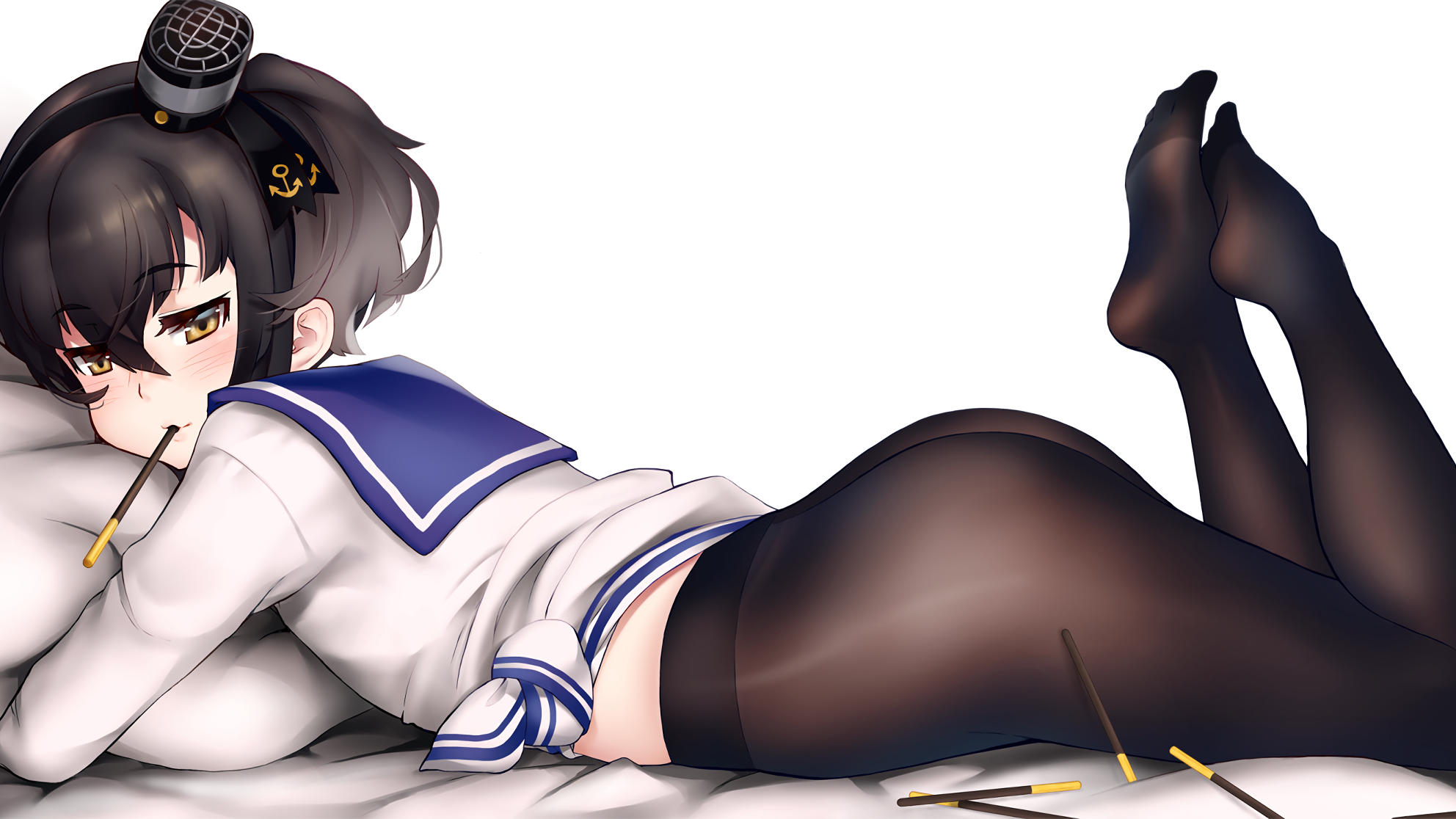 Anime 1984x1116 ass short hair black hair blushing pantyhose school uniform nopan lying on front feet in the air in bed anime girls Kantai Collection Tokitsukaze (KanColle)  Pocky suggestive