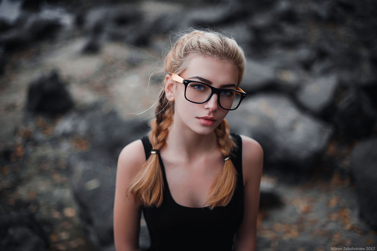 People 1600x1065 women blonde twintails portrait depth of field women with glasses blue eyes braids glasses Miron Zabolotniev