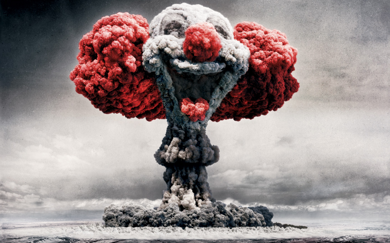 General 1280x800 clown digital art dark humor explosion mushroom clouds gray