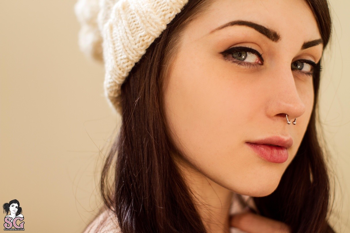 People 1216x811 Ashley Holat brunette beanie pierced septum blue eyes face women Suicide Girls closeup