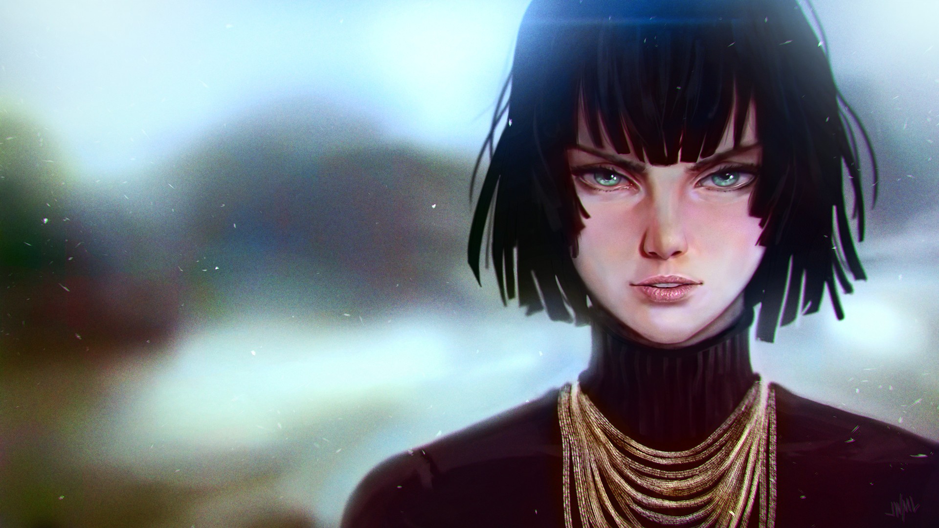 Anime 1920x1080 fantasy art One-Punch Man Fubuki 2D anime girls looking at viewer black hair short hair green eyes black sweater fan art