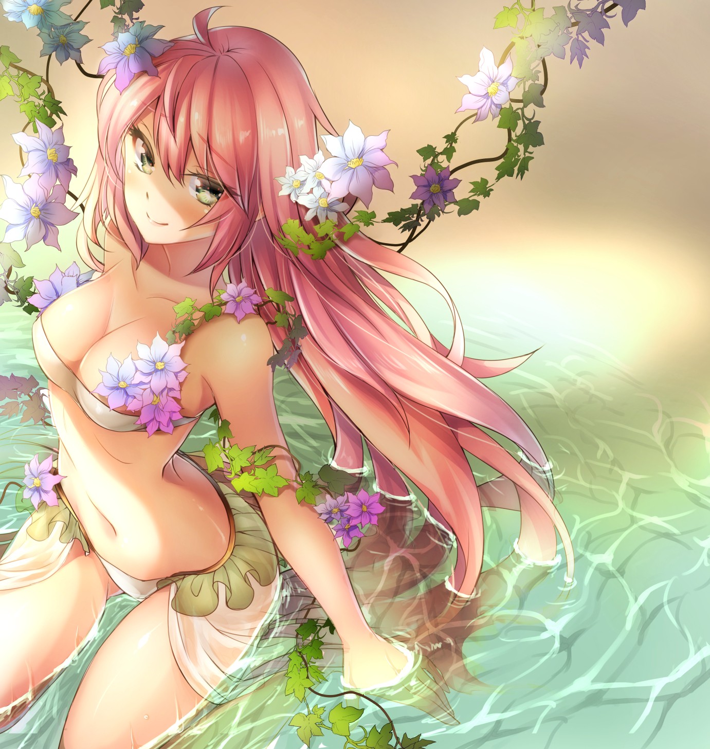 Anime 1381x1457 anime anime girls Dies Irae bikini cleavage see-through clothing wet long hair pink hair green eyes flowers water