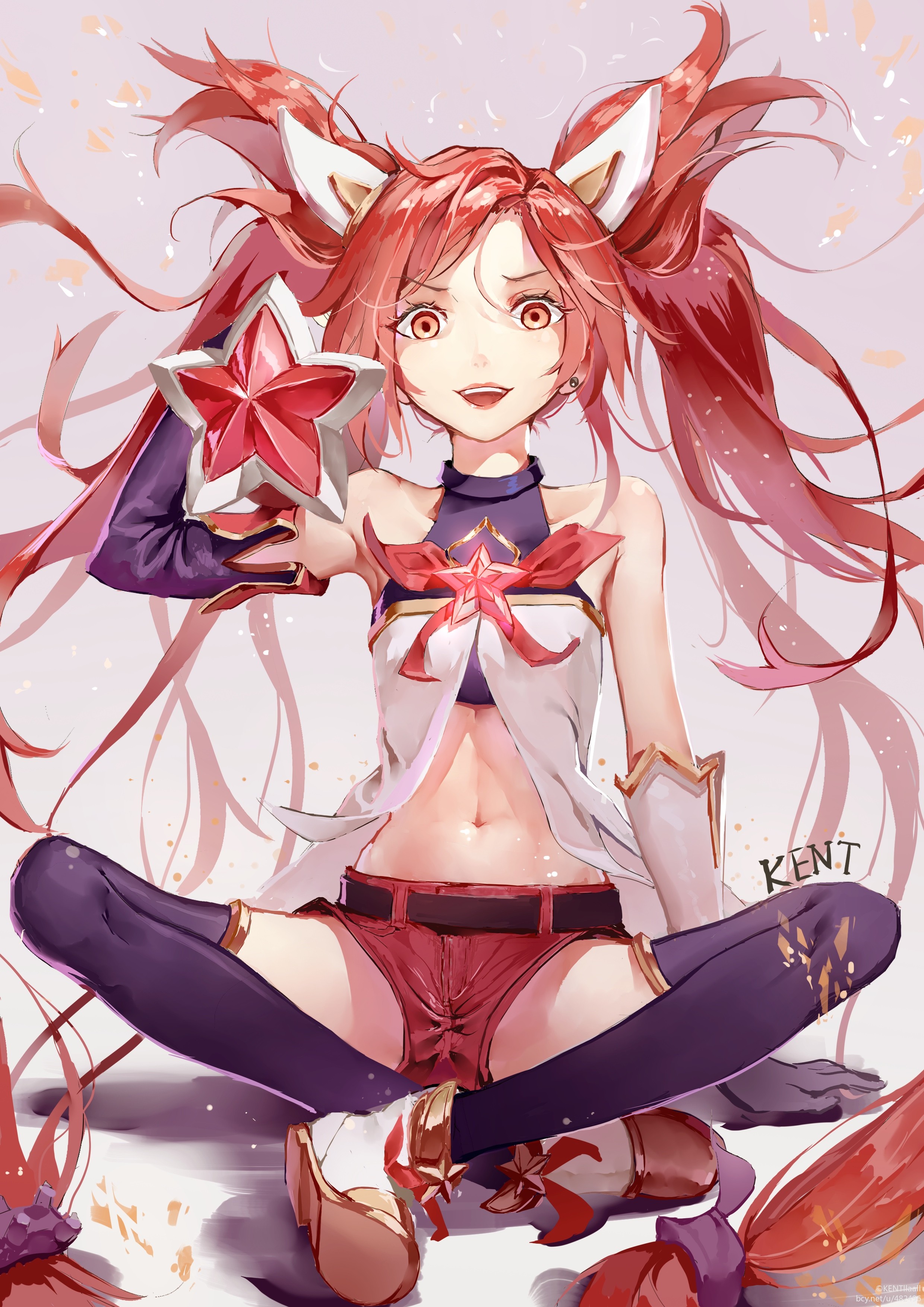 Anime 2480x3507 anime anime girls League of Legends Jinx (League of Legends) long hair redhead red eyes shorts stockings video game characters Pixiv sitting legs crossed video game girls PC gaming