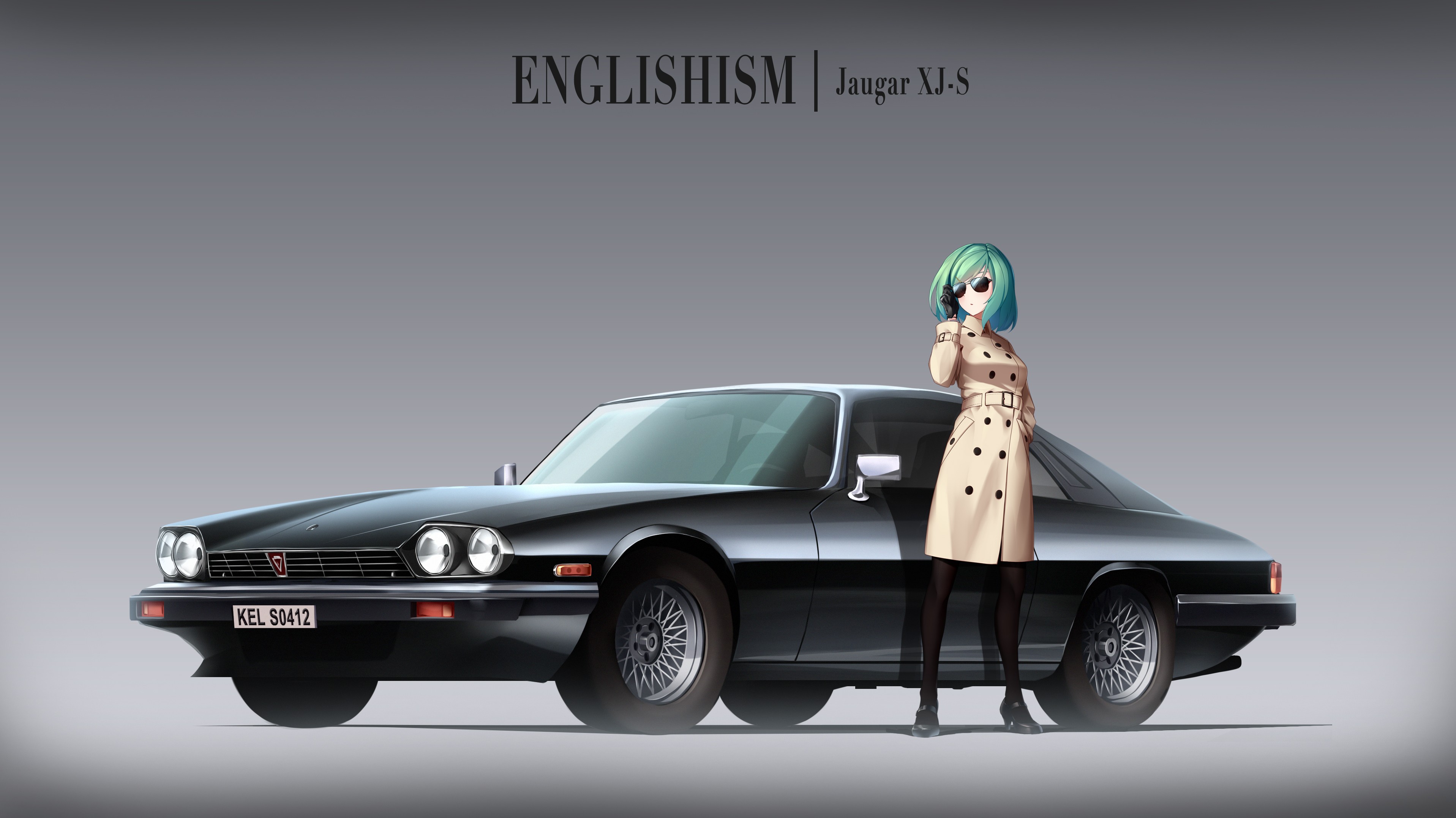 Anime 3834x2154 anime anime girls car short hair cyan hair glass Jaguar (car) Jaguar XJ