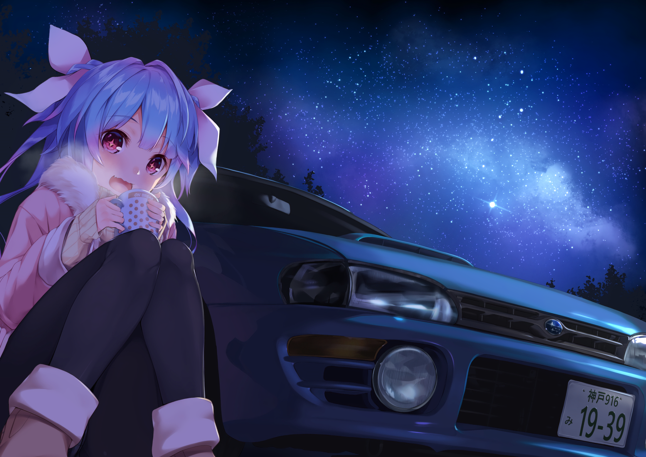 Anime 2200x1556 anime anime girls blue hair drink long hair red eyes sky stars twintails car Subaru