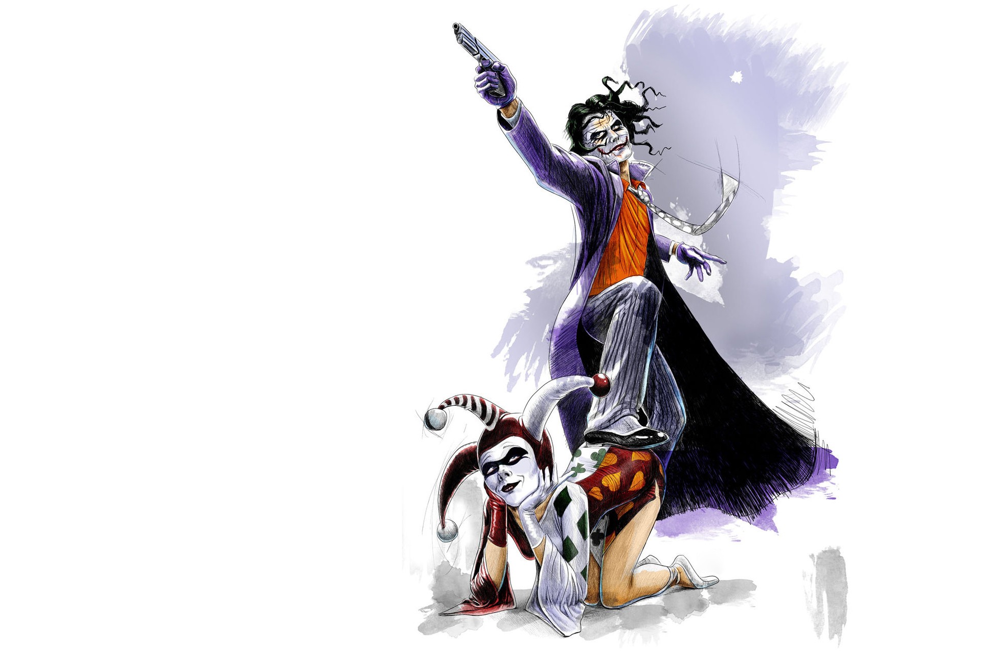 General 1920x1272 Harley Quinn Joker simple background weapon gun artwork comics low-angle bent over women men dark hair villains