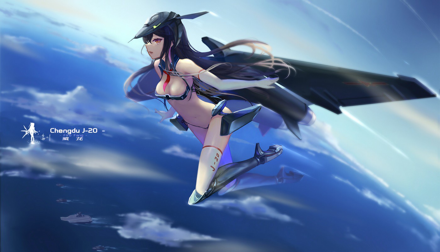 Anime 1400x803 aircraft humanoid Earth clouds black hair