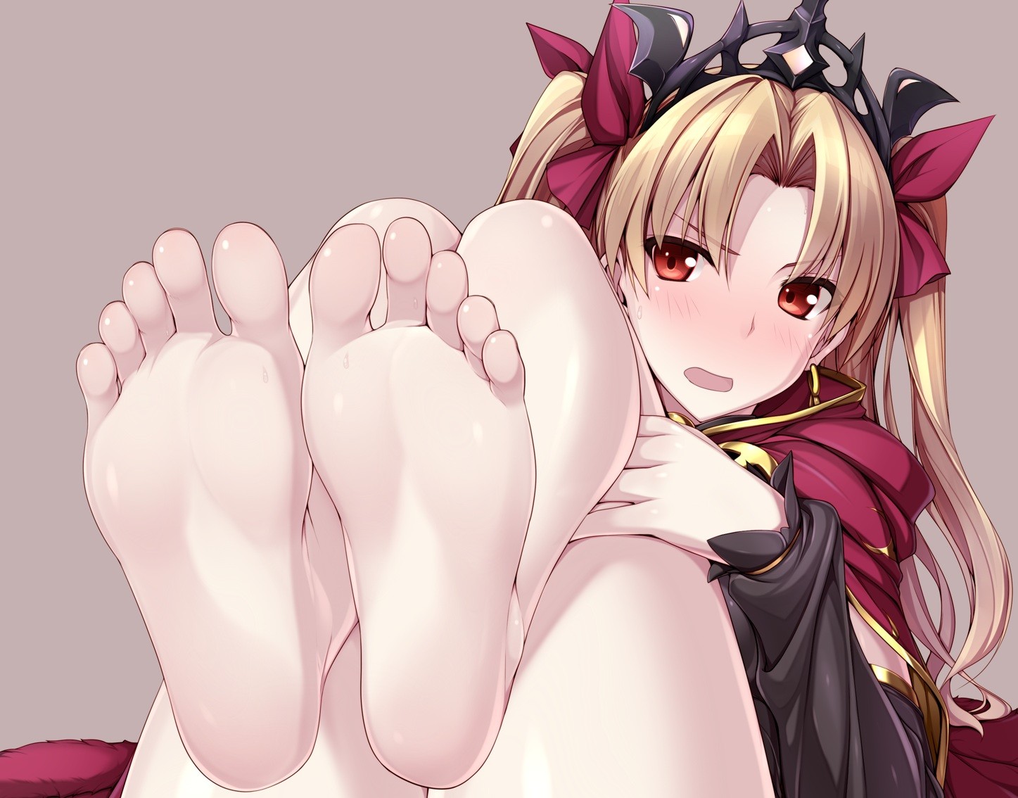 Anime 1447x1134 Fate/Grand Order Fate series blonde red ribbon barefoot red eyes simple background feet foot fetishism legs together