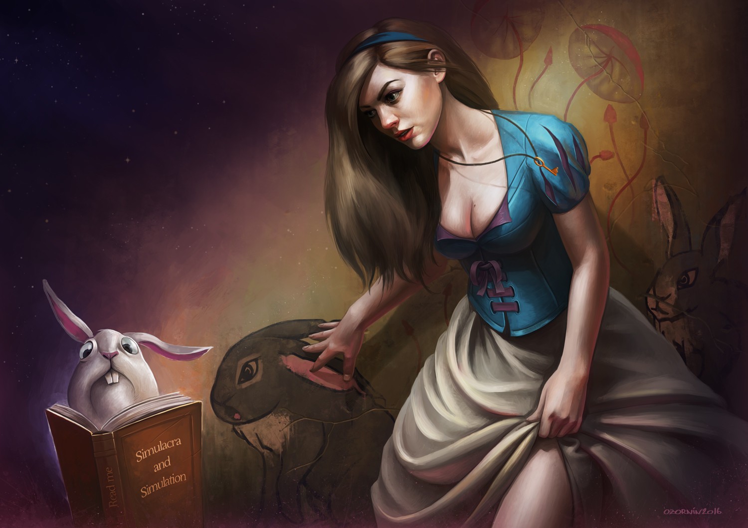 General 1500x1058 fantasy art Alice in Wonderland boobs fantasy girl rabbits brunette long hair