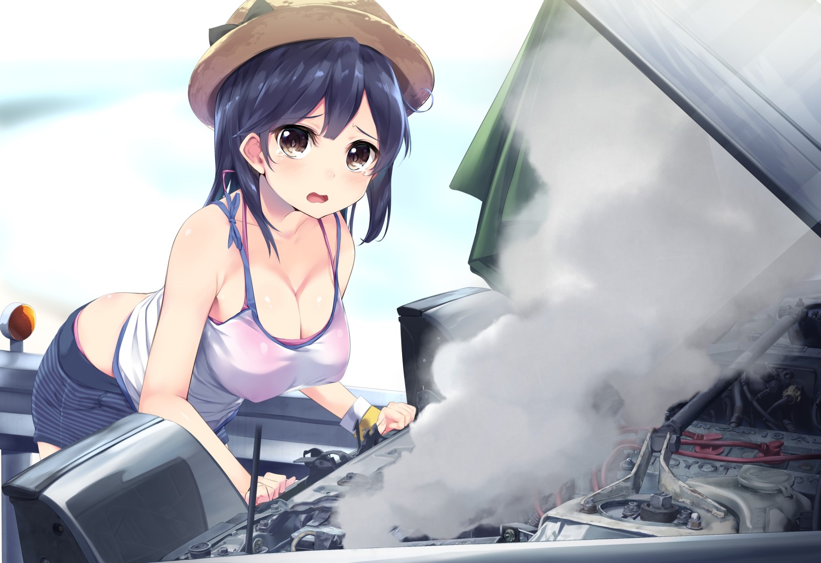 Anime 1603x1100 Ushio (KanColle) Kantai Collection car big boobs Toyota AE86 anime girls cleavage Gedou engine women women with cars pop-up headlights Toyota smoke bent over traffic barrier bare midriff looking at viewer blue hair