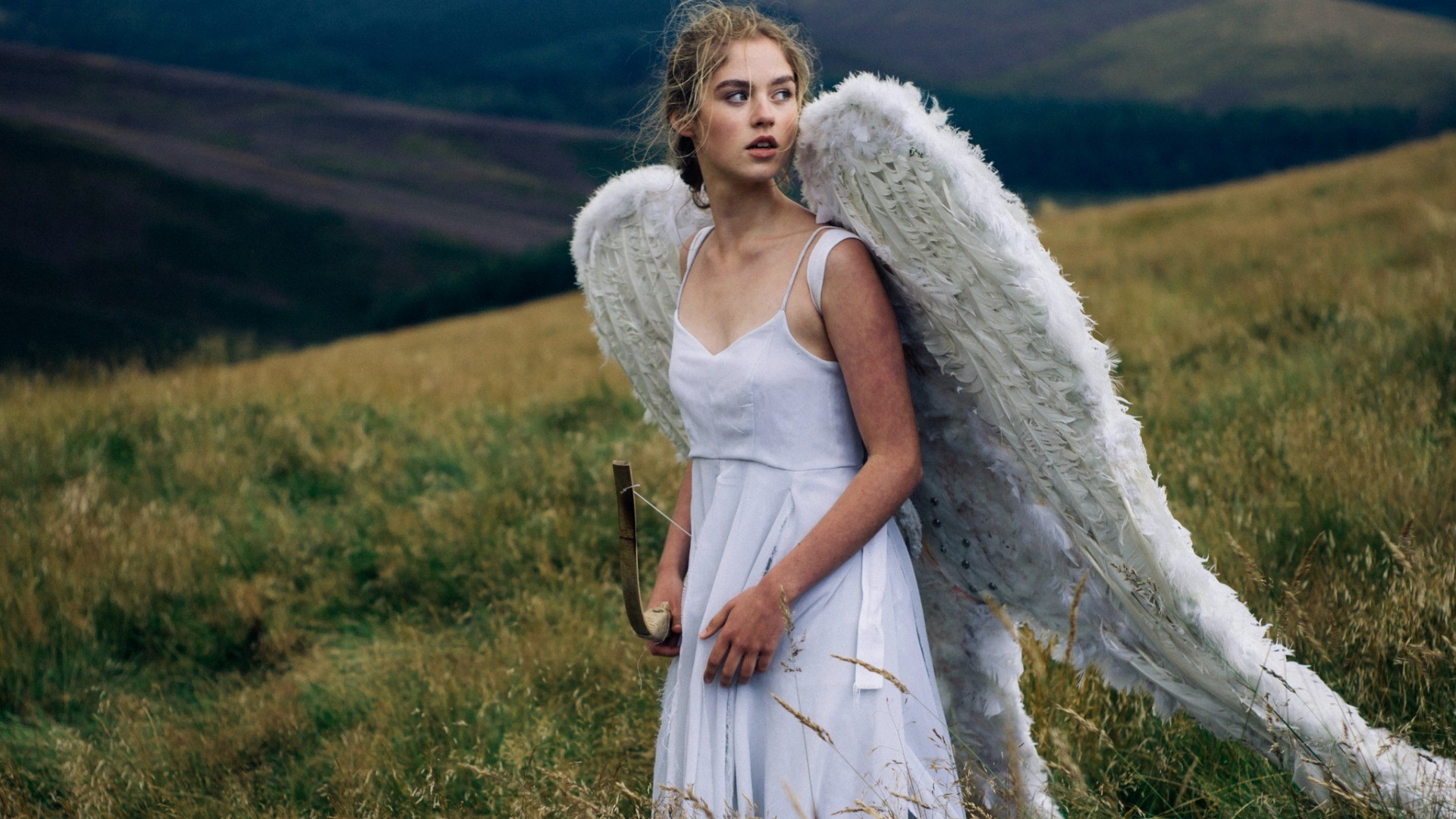 People 1920x1080 women model blonde long hair women outdoors face white dress angel wings bare shoulders open mouth nature hills grass bow