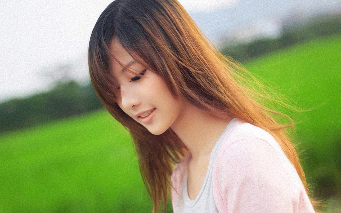 People 1440x900 women model Asian auburn hair face depth of field