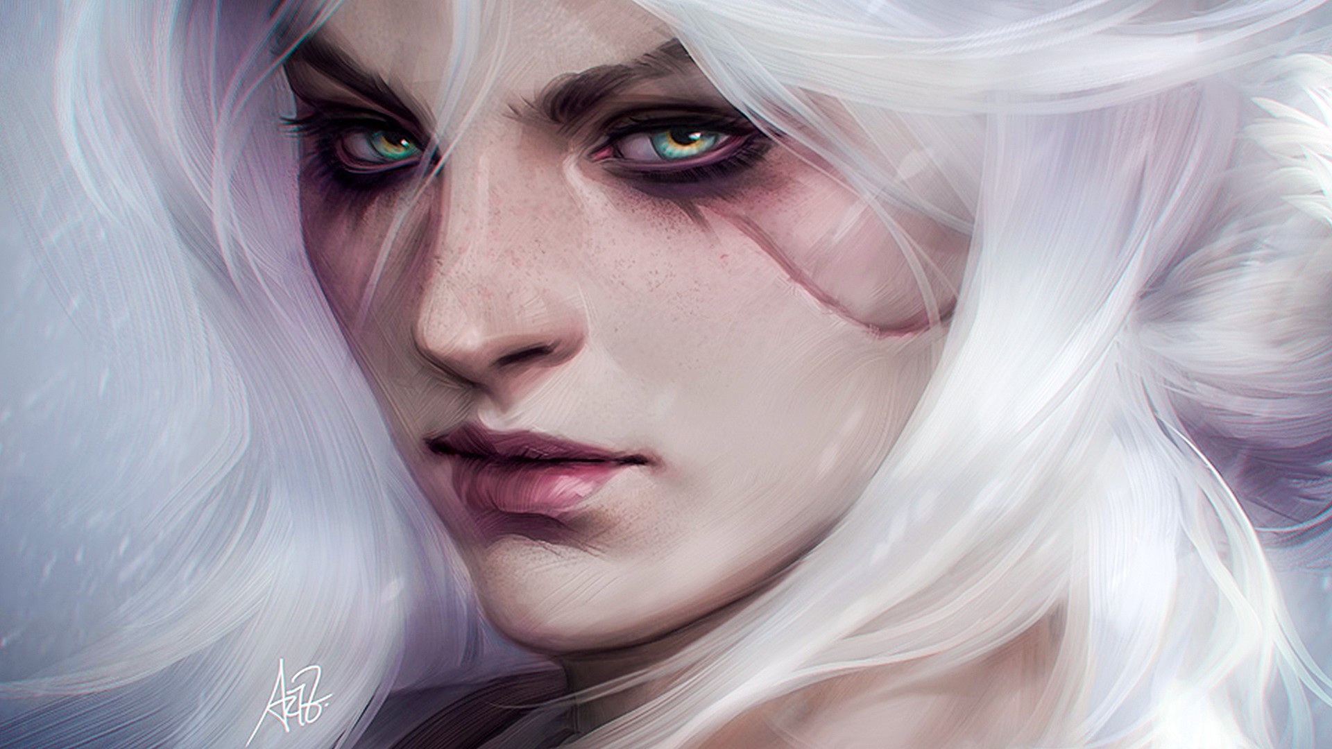 General 1920x1080 The Witcher 3: Wild Hunt Cirilla Fiona Elen Riannon The Witcher eye scar video game characters closeup signature digital art looking at viewer closed mouth face long hair white hair multi-colored eyes scars