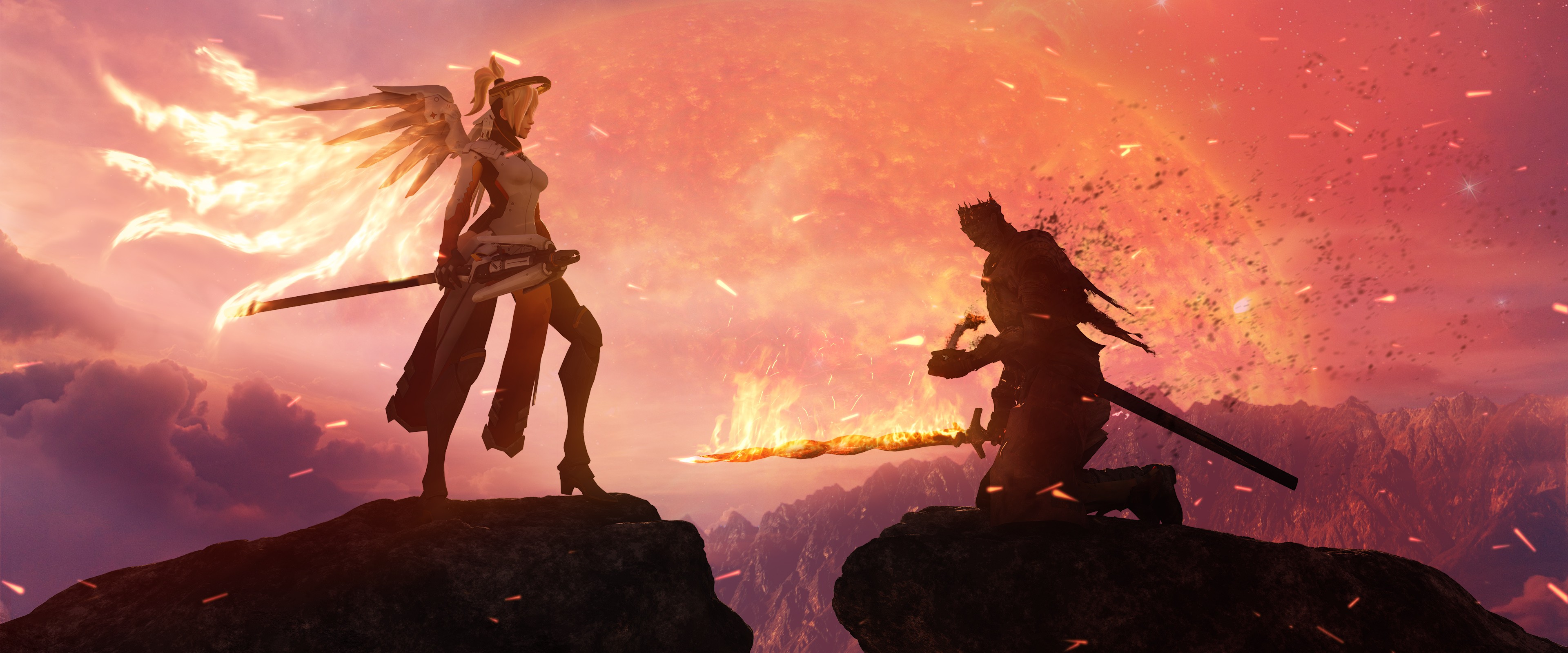 General 3840x1600 crossover Overwatch Dark Souls Mercy (Overwatch) From Software video games DeviantArt fantasy men sword fire fantasy girl wings video game girls PC gaming